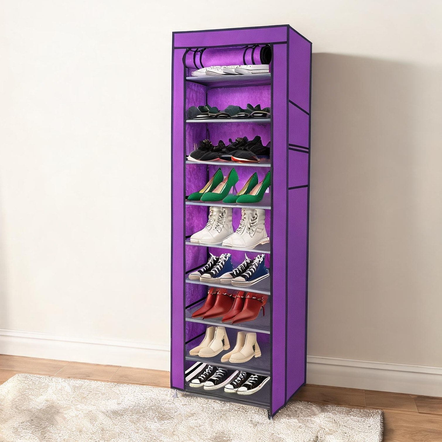 Watnature 9-Shelf Non-Woven Shoe Organizer with Removable Cubes Rich Steel Frame 63-Inch Tall