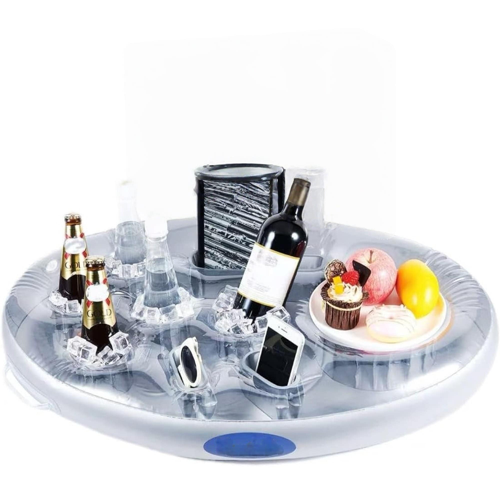 Wudkey Silver Inflatable Floating Drink Holder for Pool and Hot Tub Large Capacity Beverage and Snack Float for Beach and Water Party Use