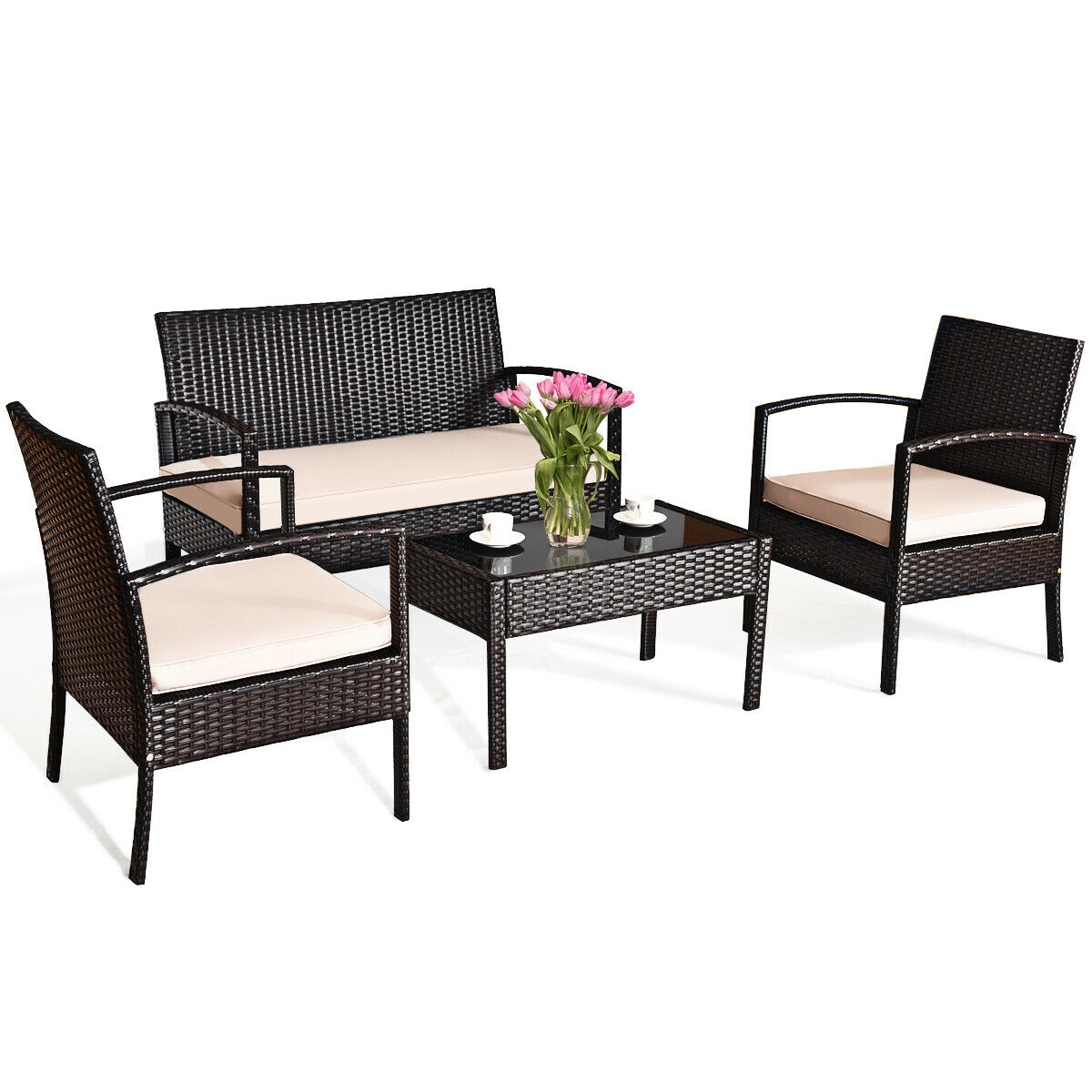 Forclover HBV-8722 4 -Piece Rattan Patio Conversation Set with White Cushions