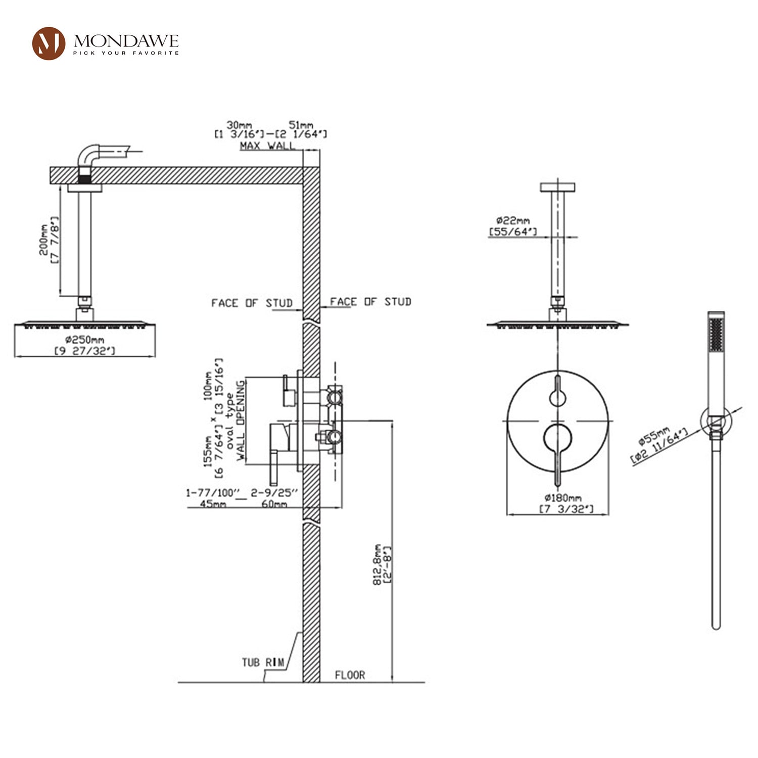 Mondawe AM-S133AC-10GB Showerhead-Bar-Panels - View #9