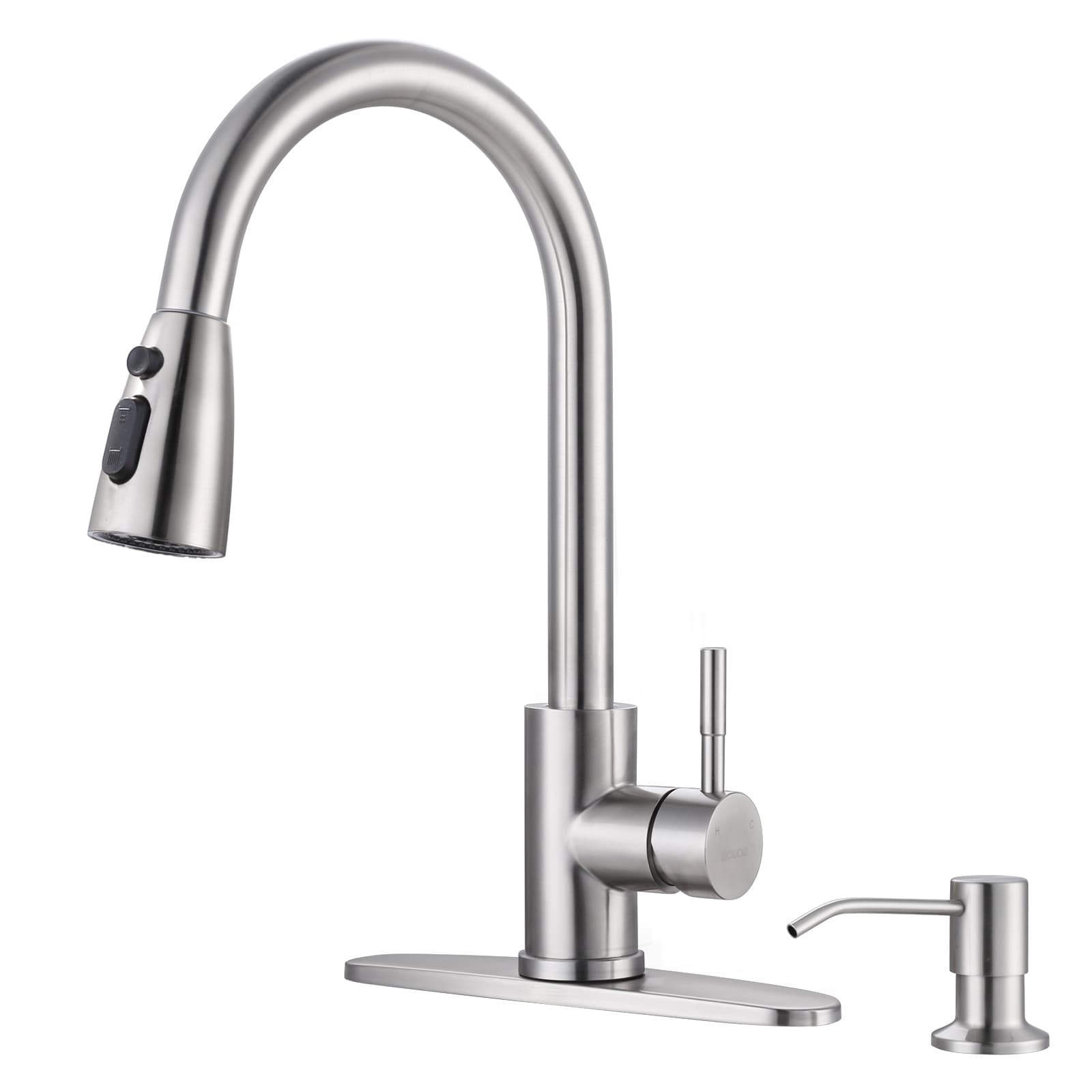 Brushed Nickel Single Handle Pull-down Kitchen Faucet with Sprayer (Deck Plate and Soap Dispenser Included) Stainless Steel | - WOWOW 2310301-S-LW