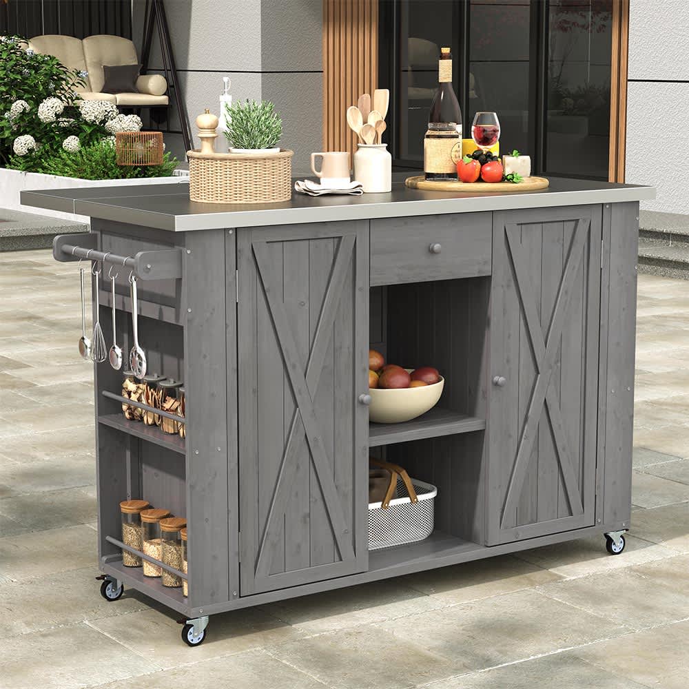 JUJABU ZJOUTKITCHEN-5 Grey Outdoor Kitchen Island Fir Wood Kitchen Island with Stainless Steel Top Towel and Spice Racks and a Bottle Opener for Outdoor