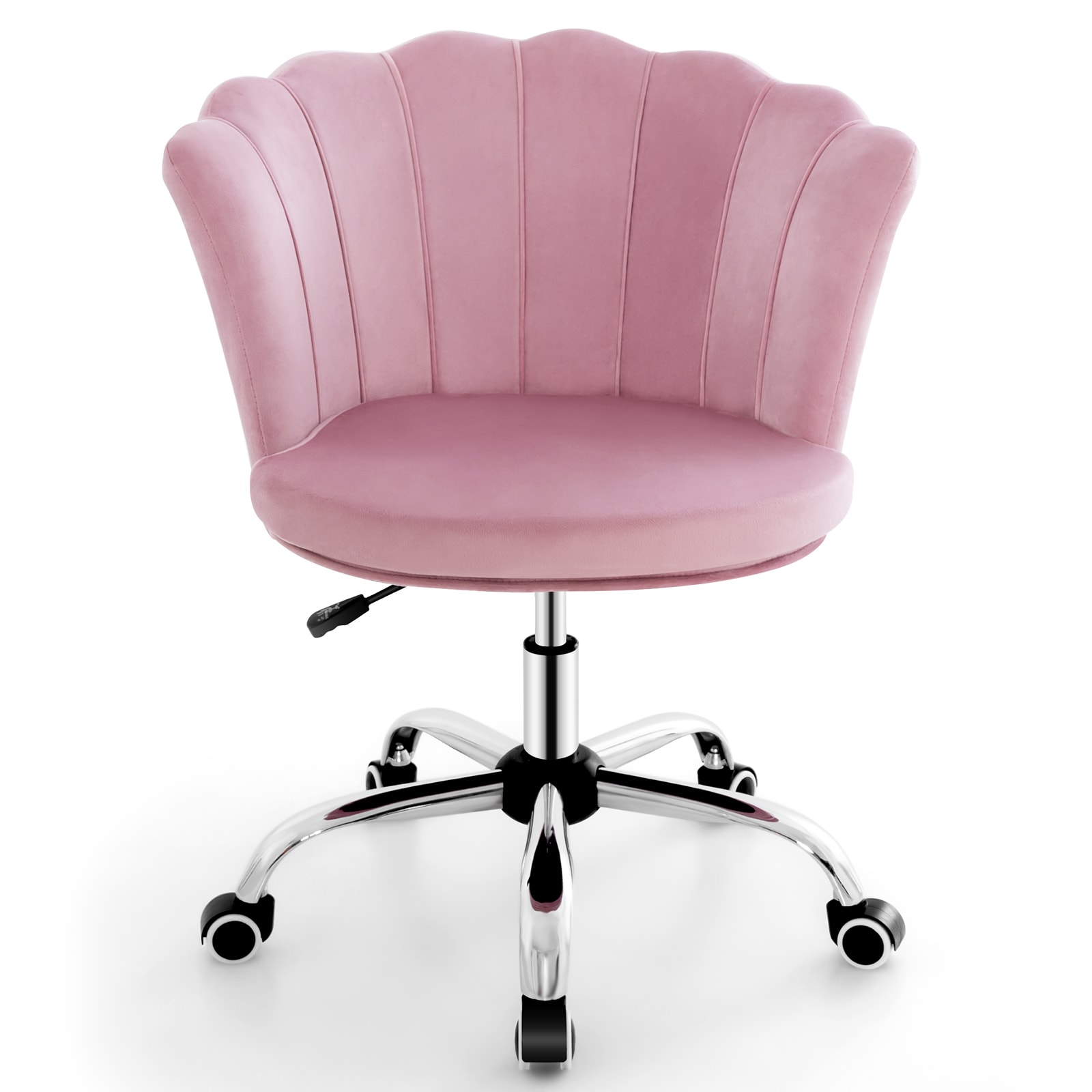 Slickblue D-CO-IP84301BC Pink Plush Velvet Swivel Chair with Seashell Back Adjustable 18 Inch  to 21 Inch Height and Rolling Casters for Vanity Bedroom or Home Office