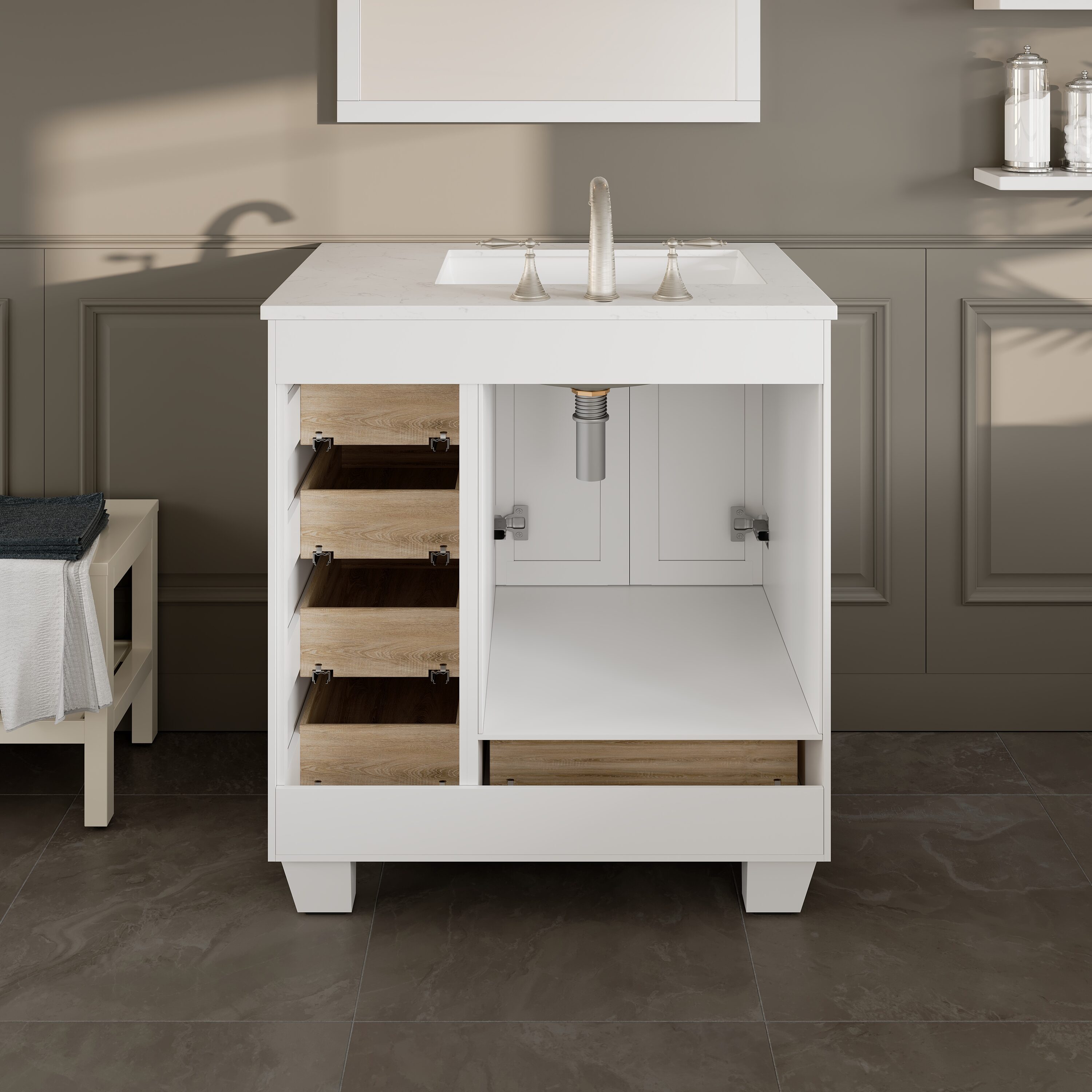 Eviva Acclaim 30" White Marble Bathroom Vanity with Porcelain Sink
