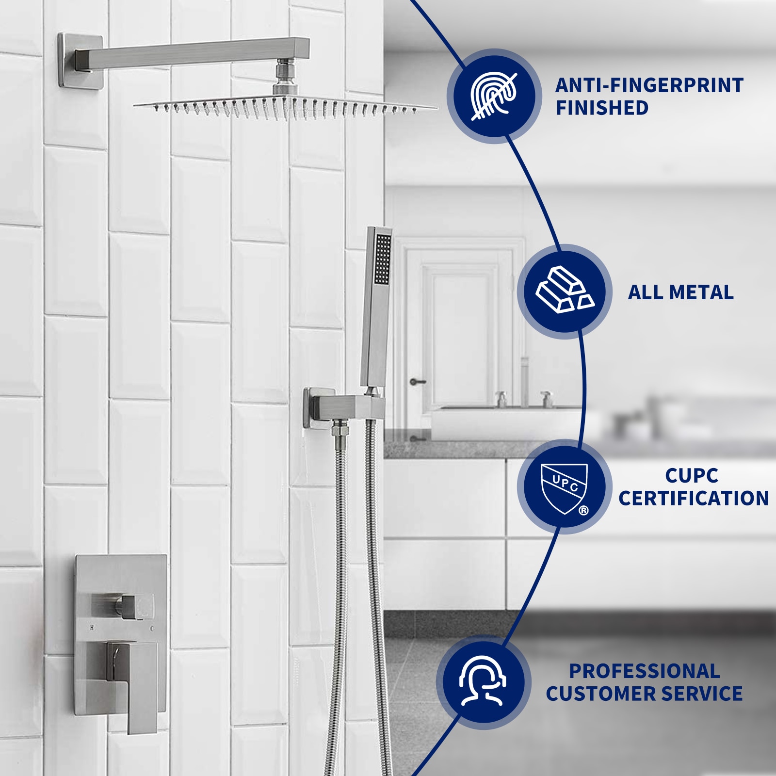 12-Inch Brushed Nickel Square Rain Shower System with Handheld