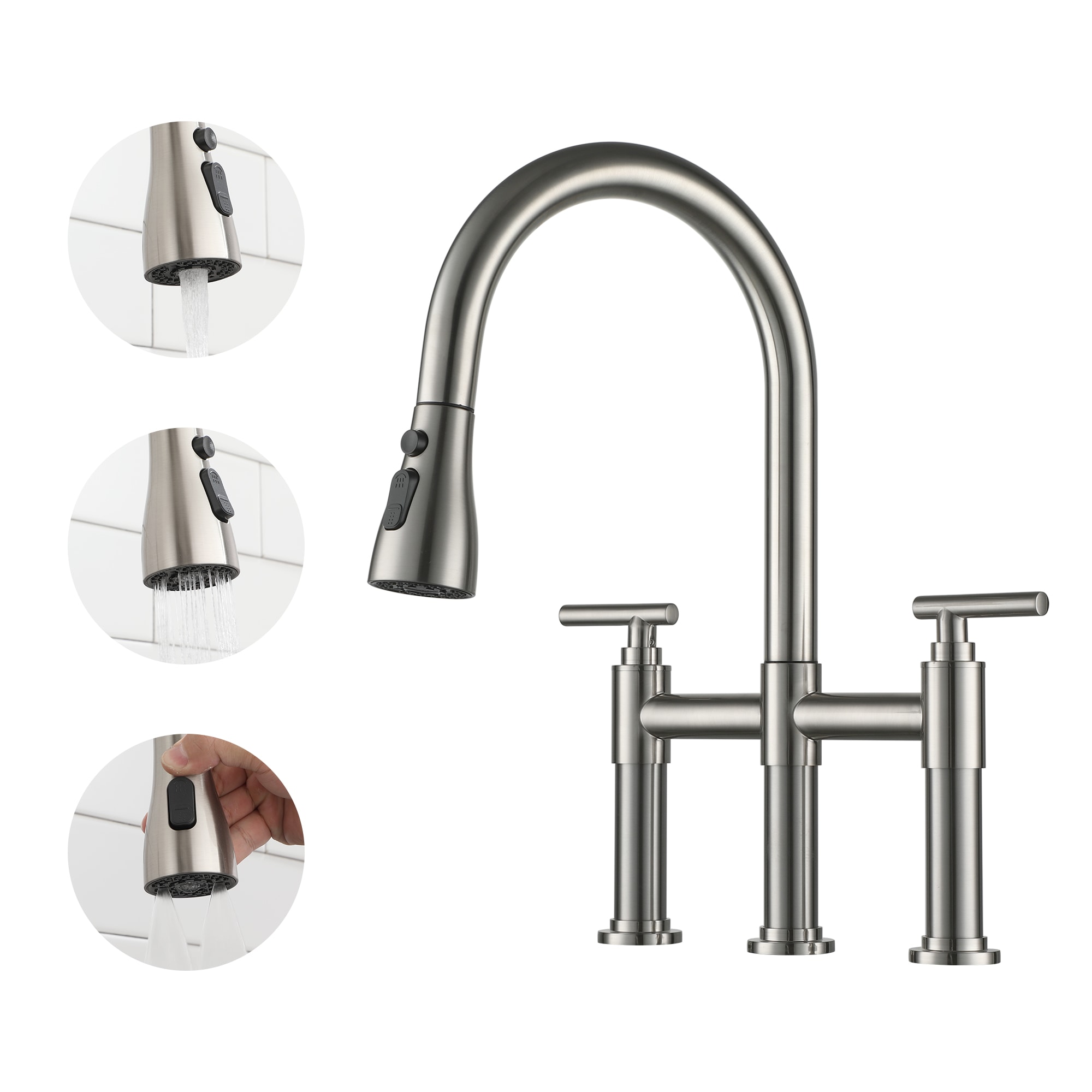 Mondawe OR-SP02BN-DG Brushed Nickel Double Handle Deck-mount Bridge Kitchen Faucet with Sprayer