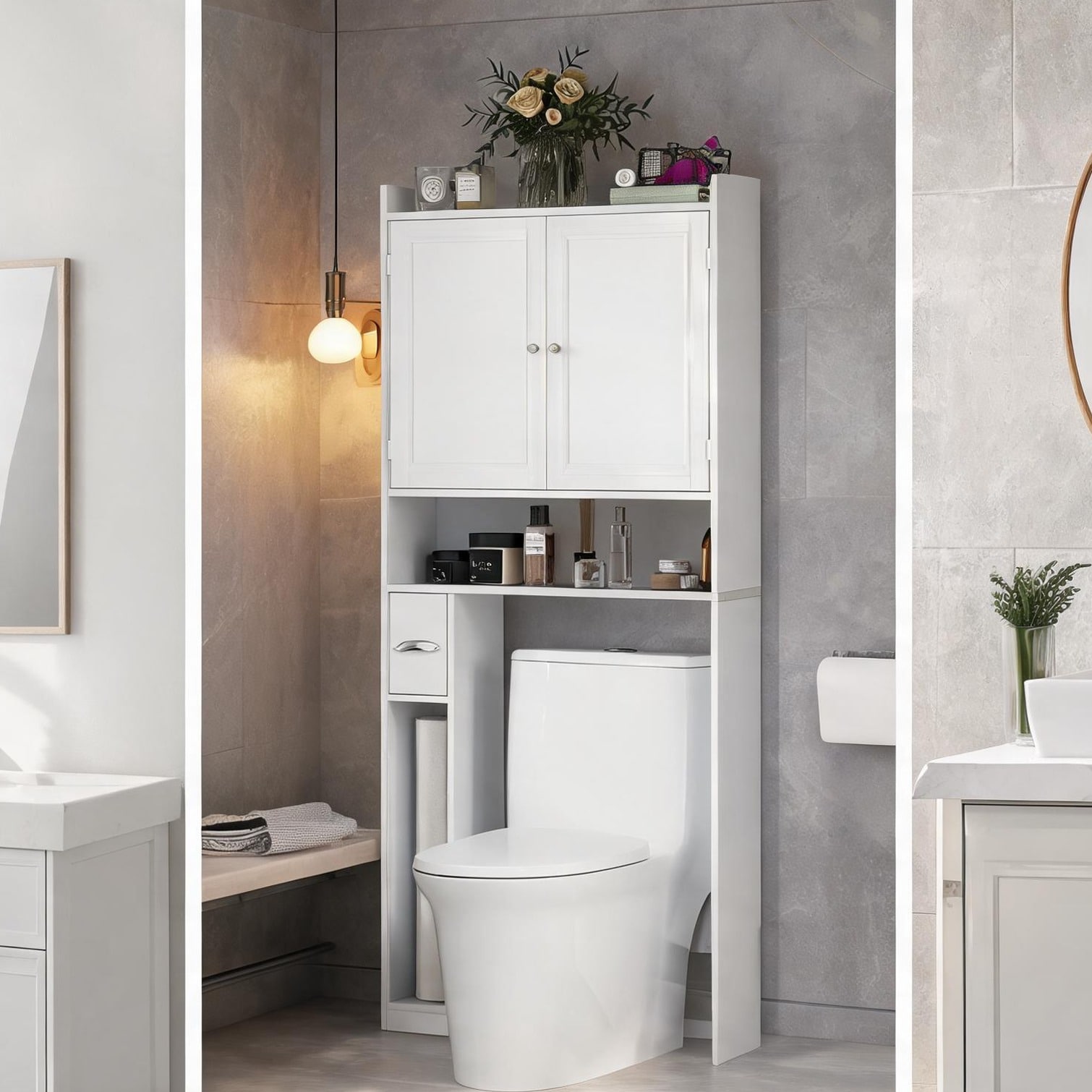SunJet Over Toilet Storage Cabinet with Adjustable Shelves Classic Gray MDF Bathroom Organizer