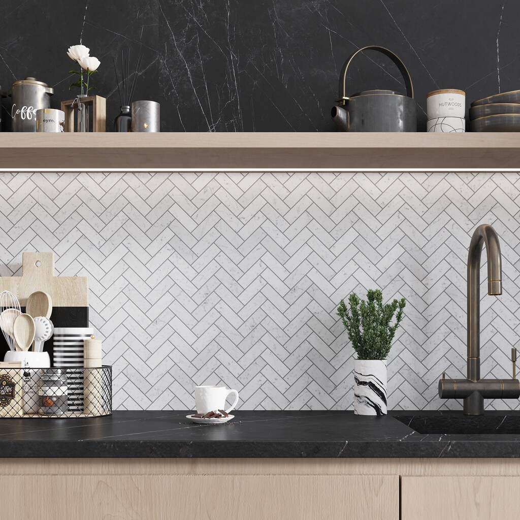 Apollo Tile White 11-in x 12-in Polished Natural Stone Marble Herringbone Patterned Floor and Wall Tile (5.28-sq. ft/ Carton)