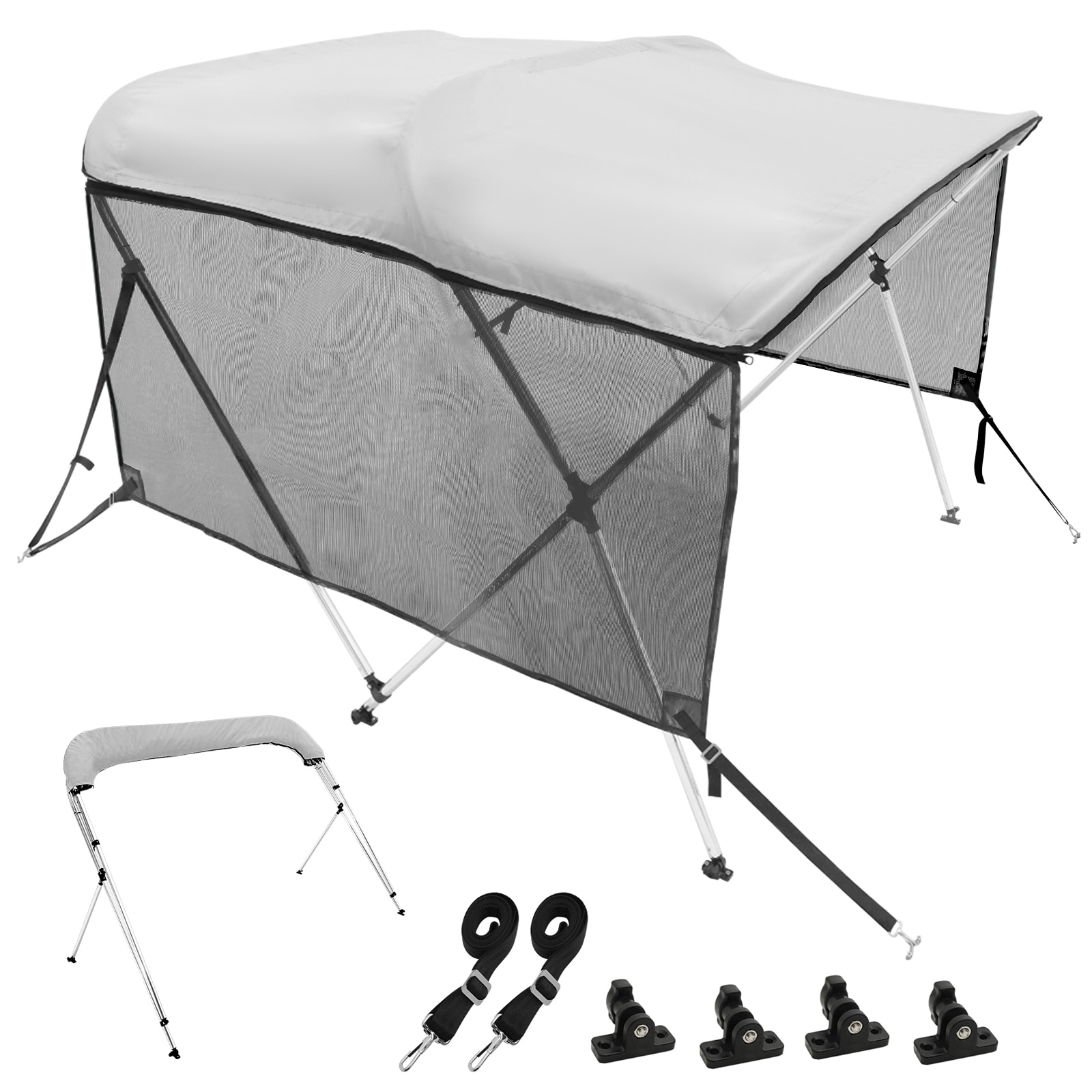 GIVIMO Bimini Top Boat Cover 3 Bow 6-ft L x 46-in H x 61-66-in W with Detachable Mesh Sidewalls 600D Polyester Canopy 1-in Aluminum Frame Storage Boot Light Grey #LW108GIVSS3287