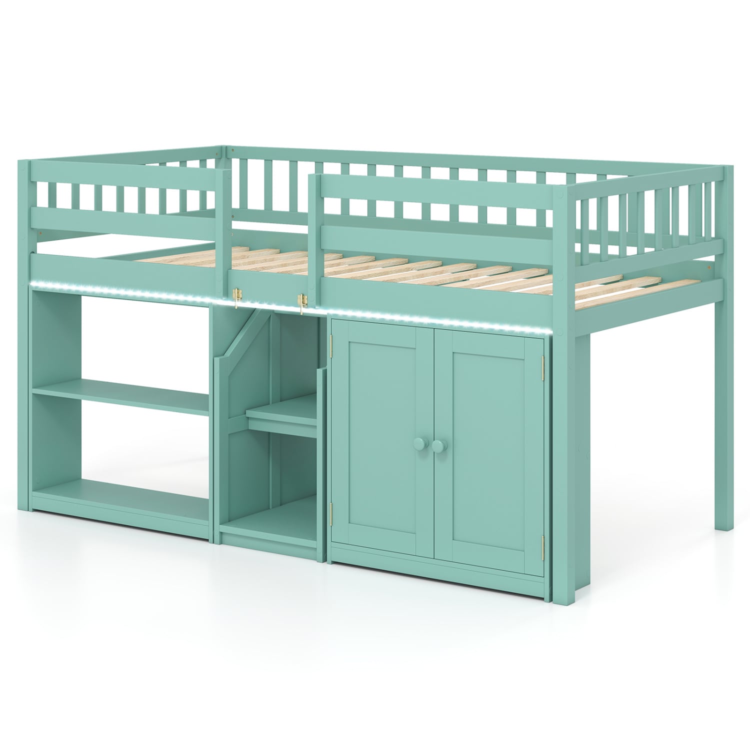 Volenca - Twin Low Loft Bed with LED Lights Bookcase 2-Door Cabinet and Full-Length Guardrails 35...