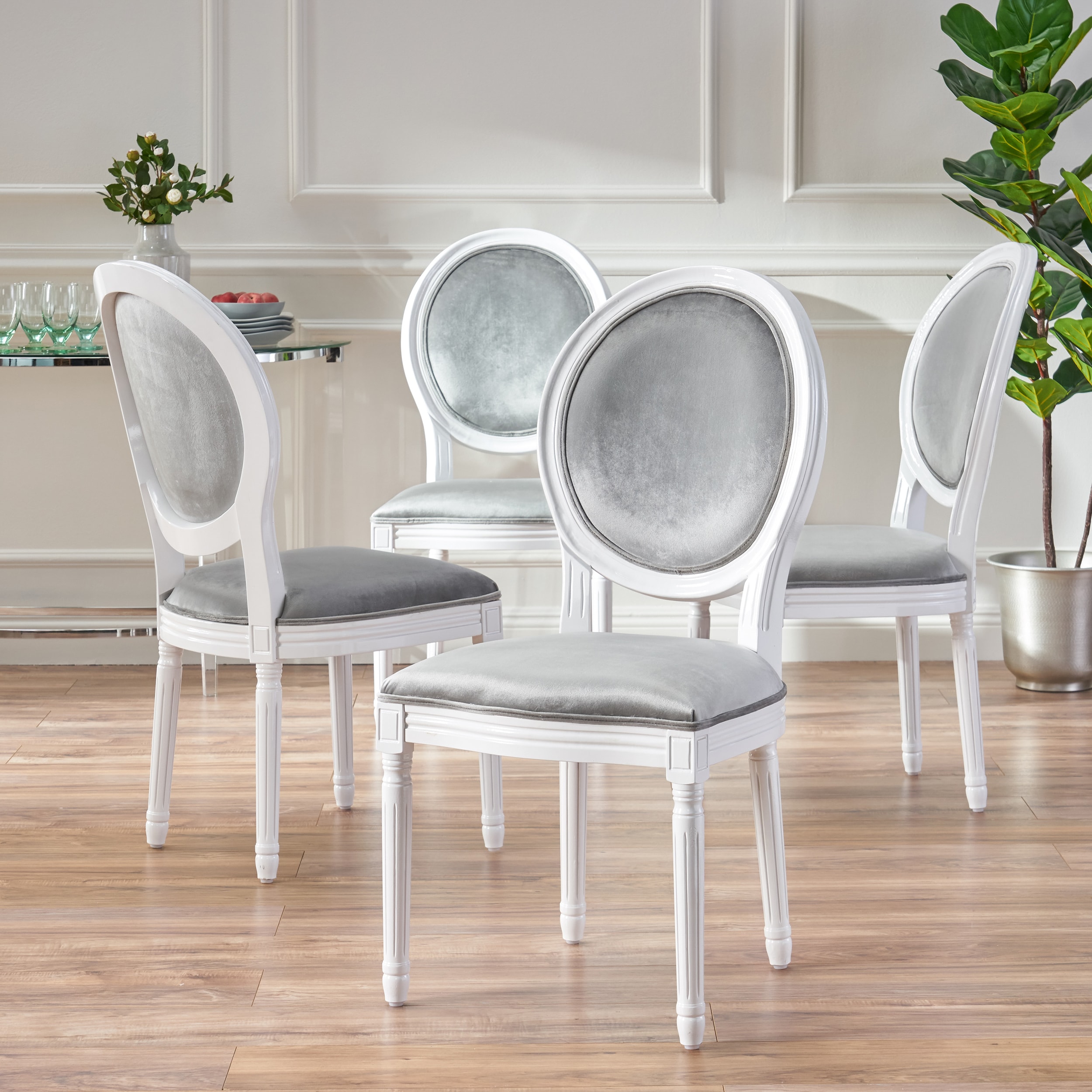 Christopher Knight Home 312807 Phinnaeus Contemporary Velvet Dining Chairs Set of 4 Light Gray and Gloss White