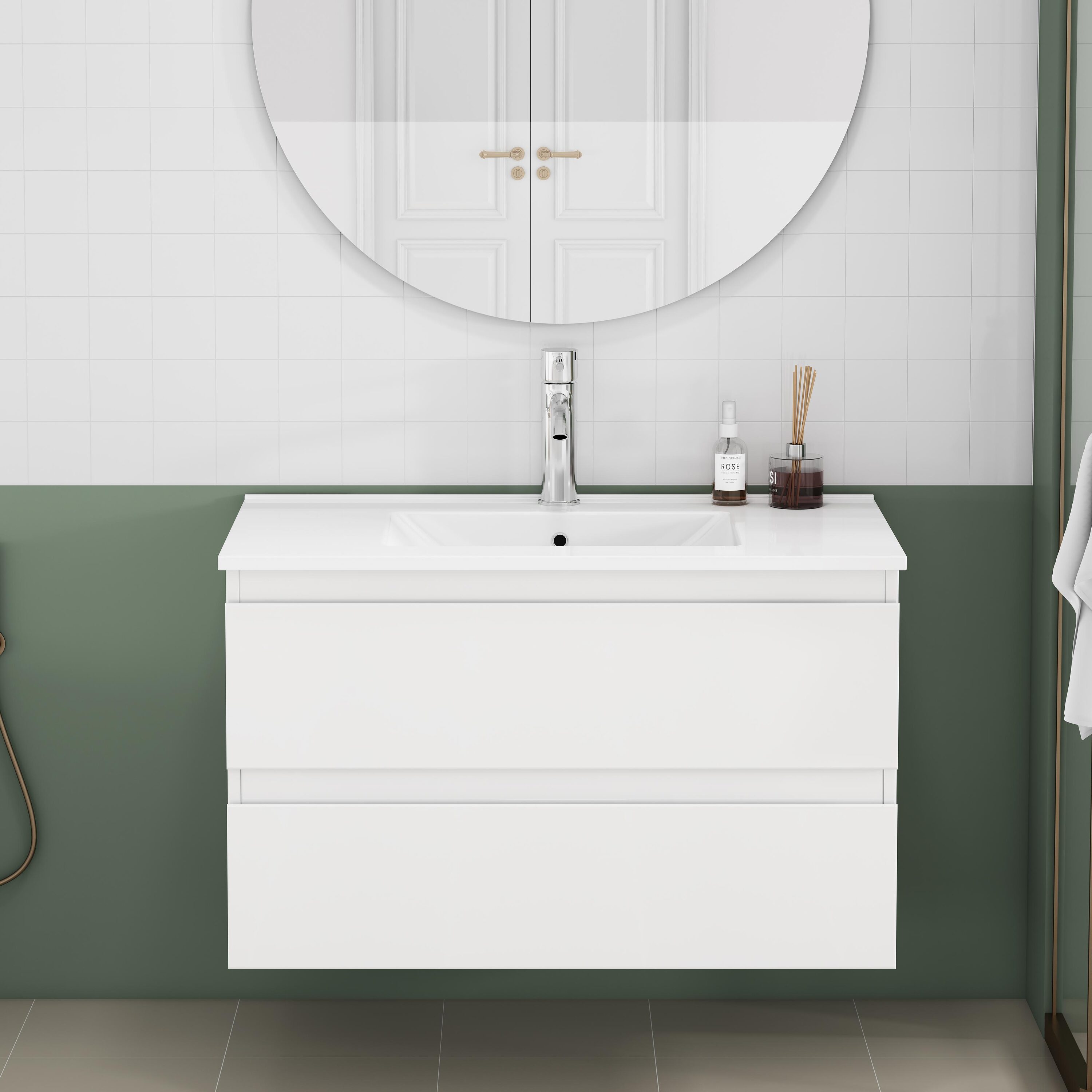 Afhocomp 32 in. Single Sink Wall-mount Glossy White Bath Vanity with White Integral Ceramic Basin