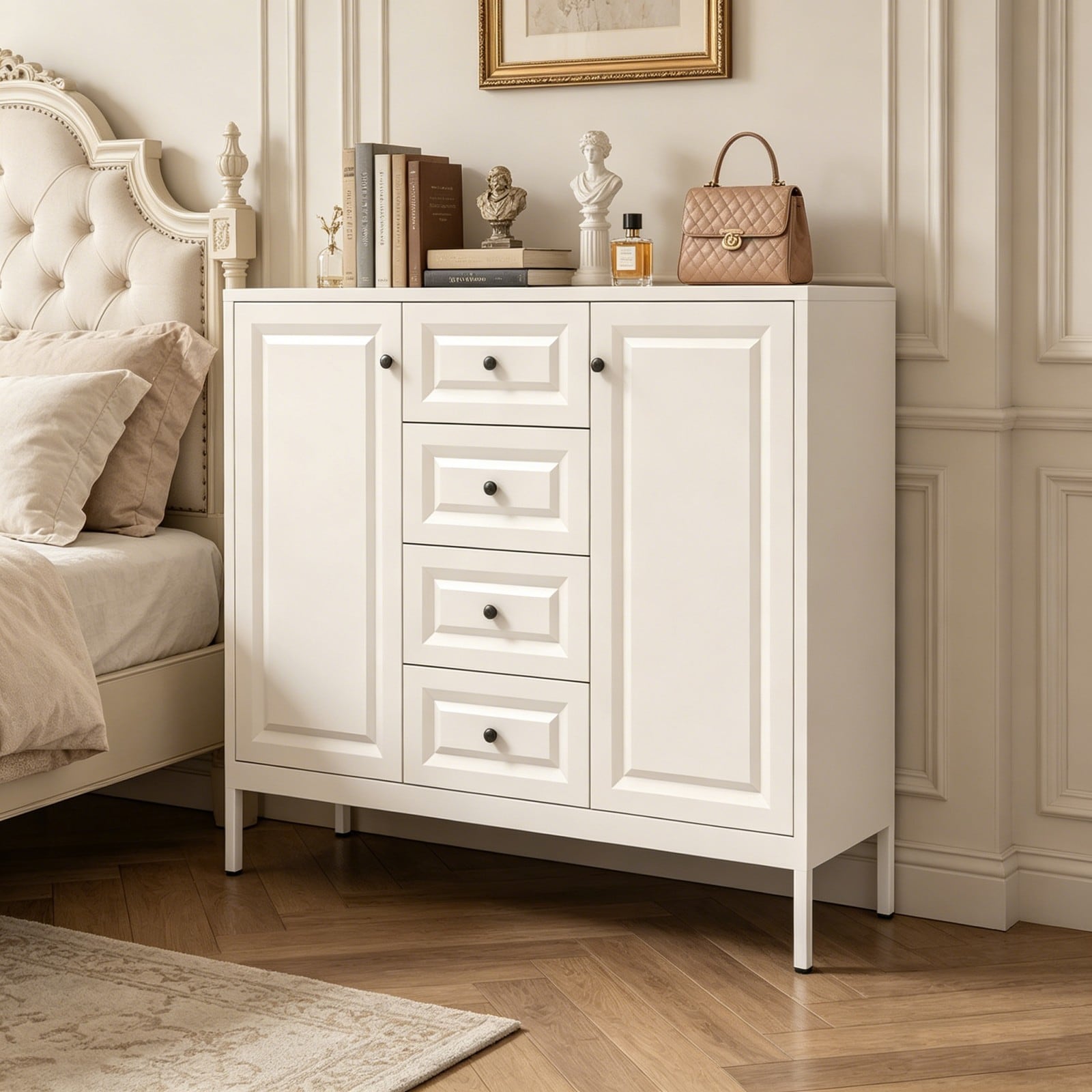 GlasFlength  40-Inch Storage Sideboard Buffet Cabinet with Four Drawer Organizer Adjustable Shelves and Freestanding Console Storage for Kitchen Living Room Entryway Beige
