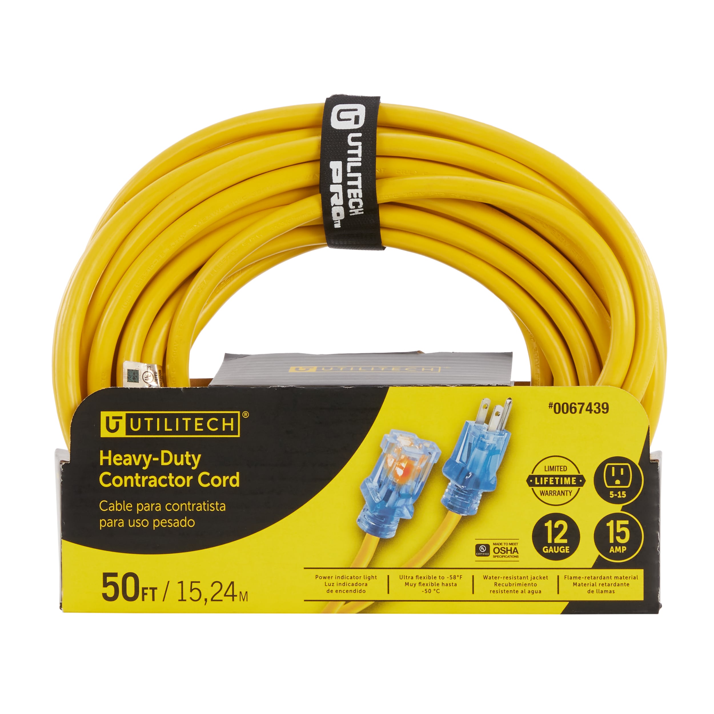 914087 Power First 50 ft. Indoor, Outdoor Lighted Extension Cord; Max Amps:  15.0, Number of Outlets: 1, Yellow with Bla