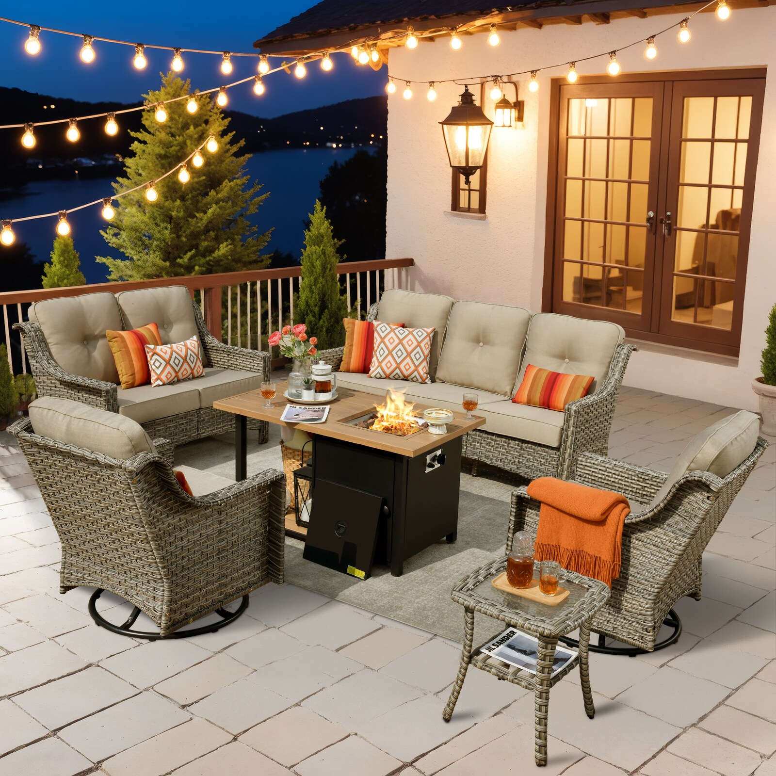 XIZZI XIPADF6165-RC3DFP Pyrophyllite 6 -Piece Rattan Patio Sofa Conversation Set with Off-white Cushions