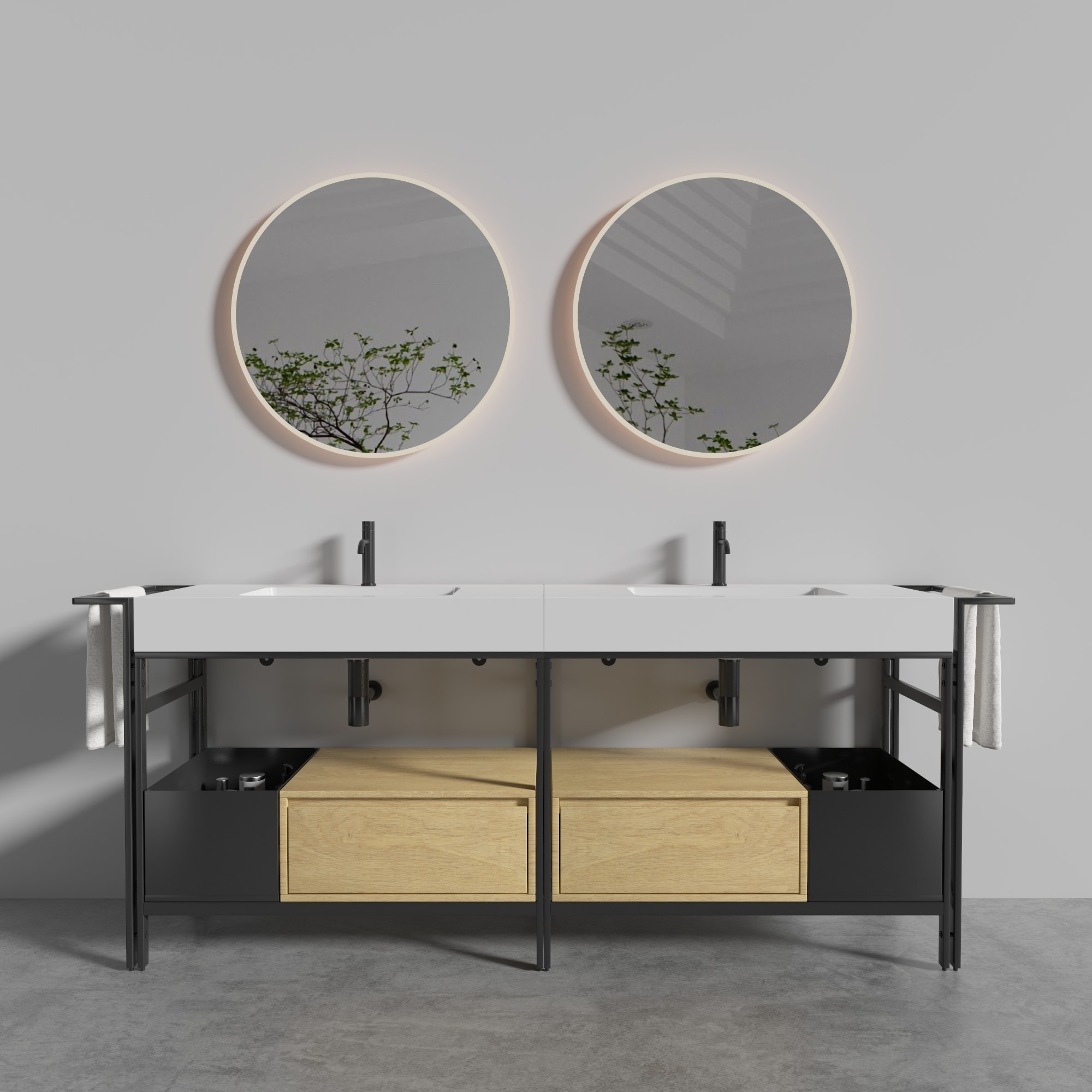 GDFStudio Forte 36-inch Industrial Metal Frame Double Modular Bathroom Vanity Set with Integrated Quartz Basin and Soft Close Drawer with Open Storage Shelf Towel Rack - Oak Finish+Black Frame+White Basin (Set of 2)