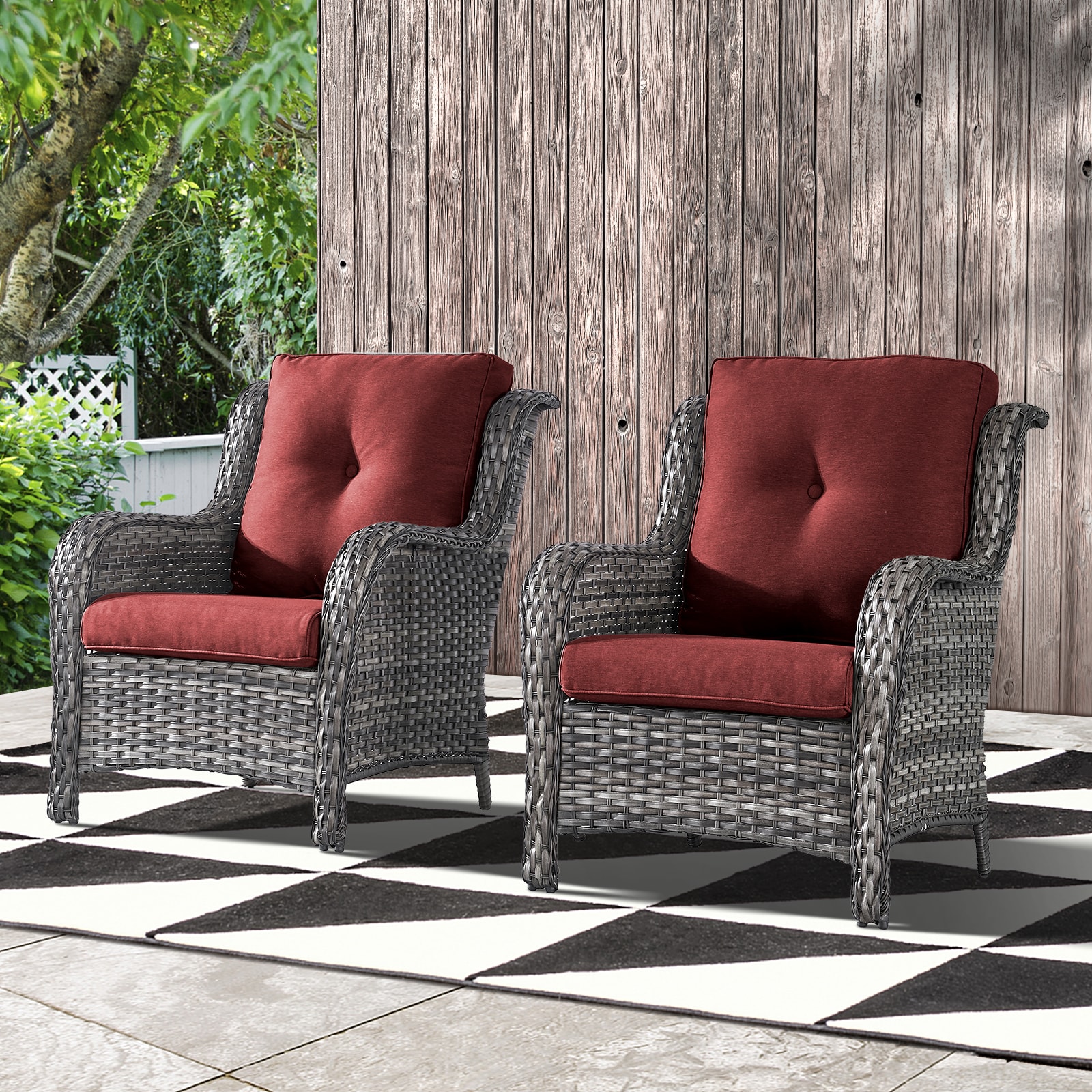  PA017-5 PACHAIRS-T Set of 2 Wicker Gray Steel Frame Stationary Conversation Chair with Red Cushioned Seat