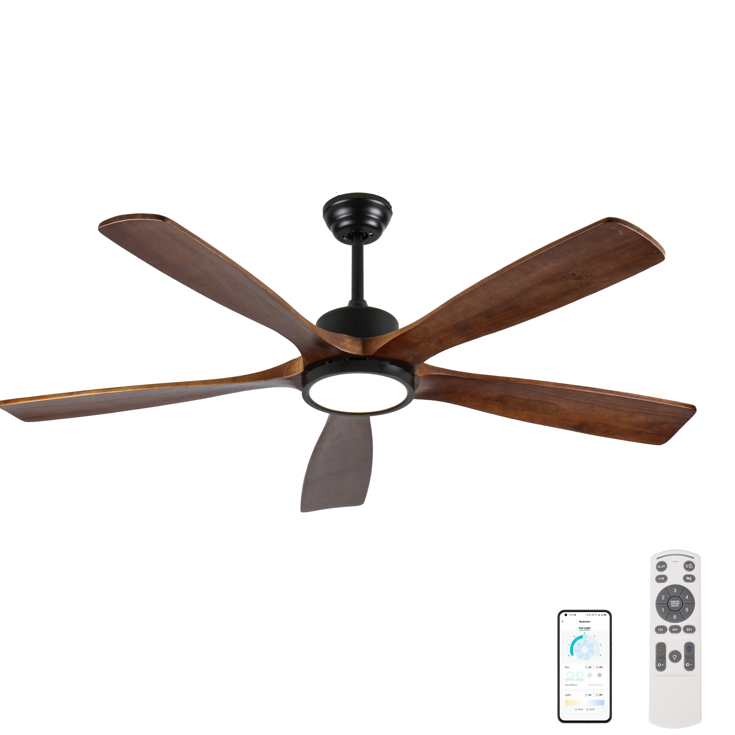 JUSHUA 60-Inch Ceiling Fan with Light 5 Solid Wood Blades Downrod Mount for Sloped Ceiling No More than 15 Degrees Quiet Reversible DC Motor APP Remote Control 6 speeds Timer Dimmable