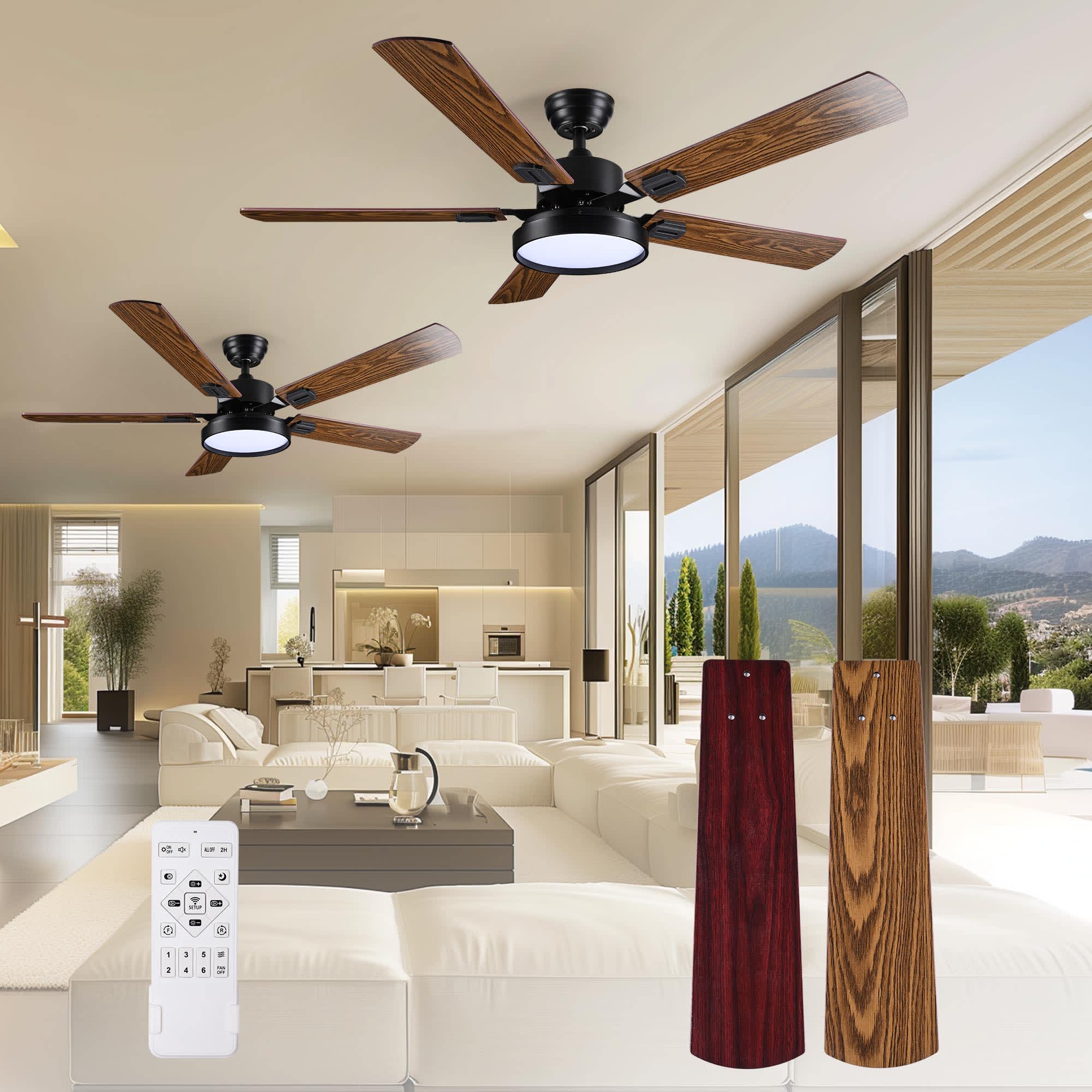Yescom 11CFL13-5BLA-10X2-LO 2 Pack 52 Ceiling Fan with Light  Remote Control  3 Color Temperature 6 Speeds DC Reversible Motor  Timing  Dimmable for Bedroom Living Room Farmhouse Patio Brown