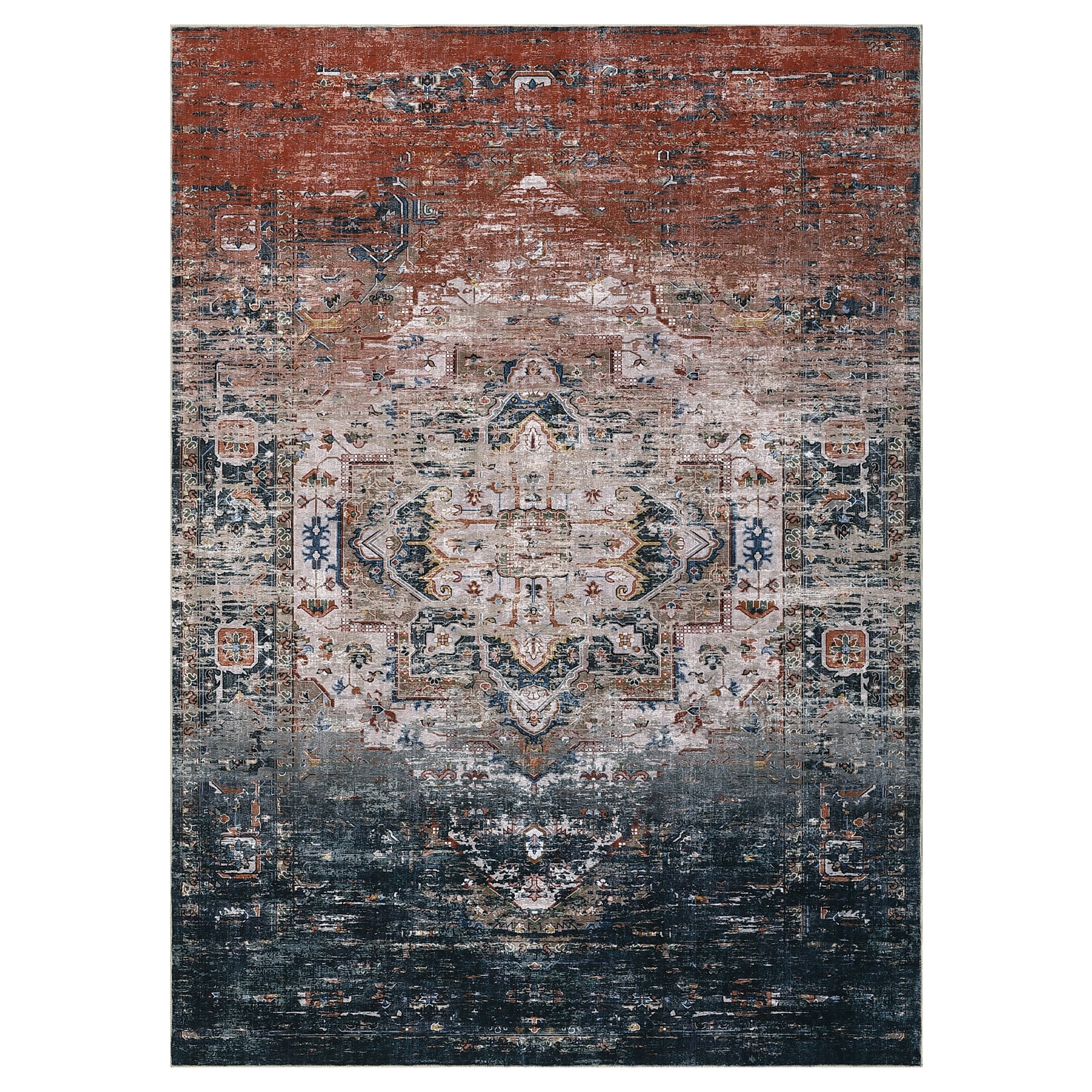 Assile - Boho Floral Rug 8x10 ft Machine Washable Non-Slip for Living Room Bedroom Office Blue/O...