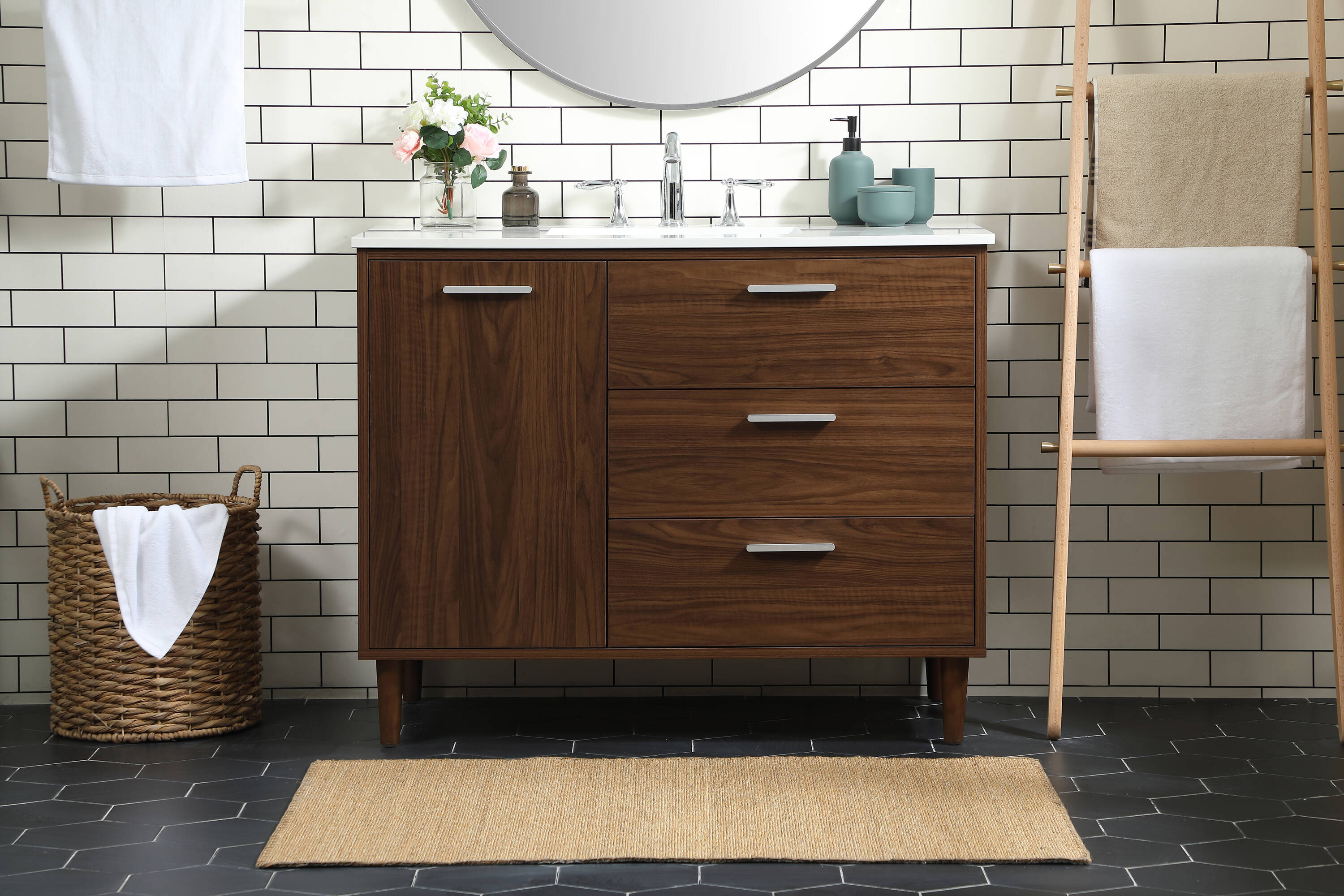 Walnut and Calacatta White 42" Single Vanity with Engineered Marble Top
