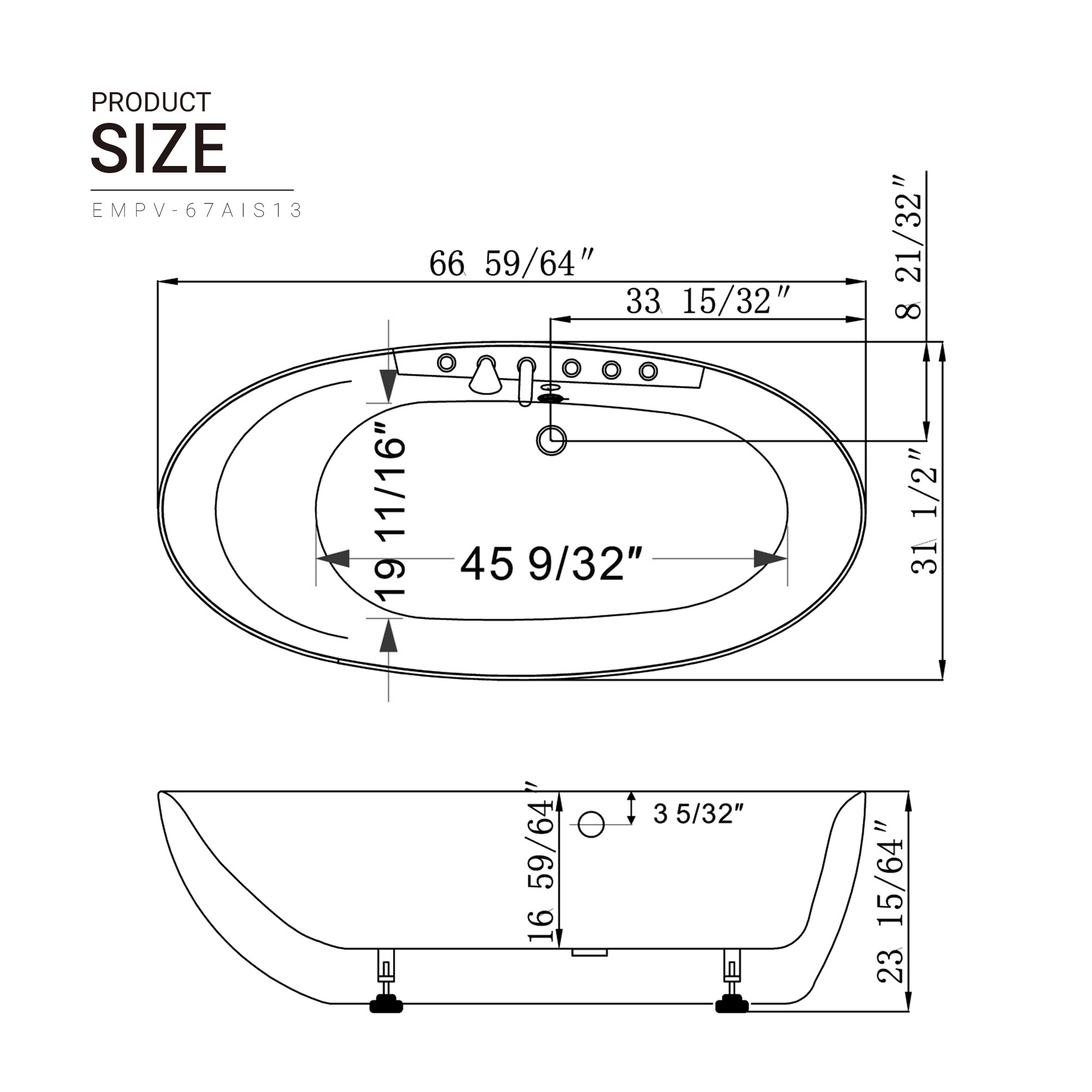 Empava Modern 31.5-in x 67-in White Acrylic Oval Freestanding Whirlpool ...