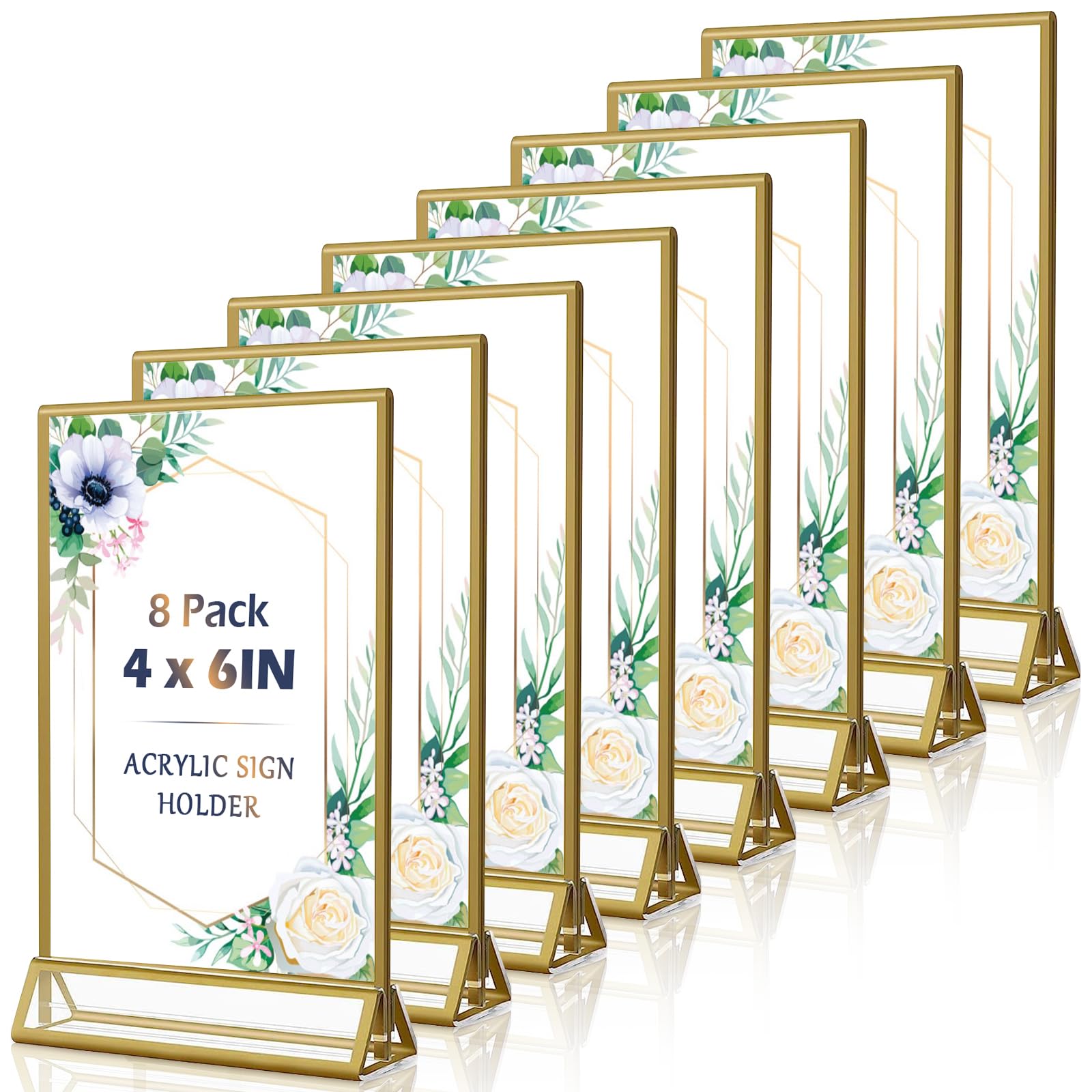 Ahfiwaso  4x6 Acrylic Sign Holders 8 Pack Gold Table Number Holder Double Sided Table Menu Stands with Vertical Stand for Wedding Picture Frame