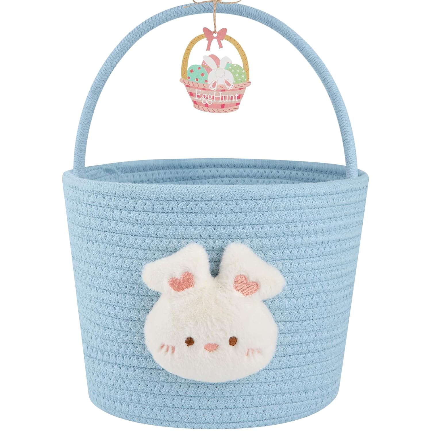 OIAHOMY Easter Basket with Handle Personalized Bunny Easter Basket for Kids Woven Rope Gift Empty for Eggs Baby Treasure Hunt Baskets with Wooden Card for Boys and Girls Blue #B0DQPSQNSW