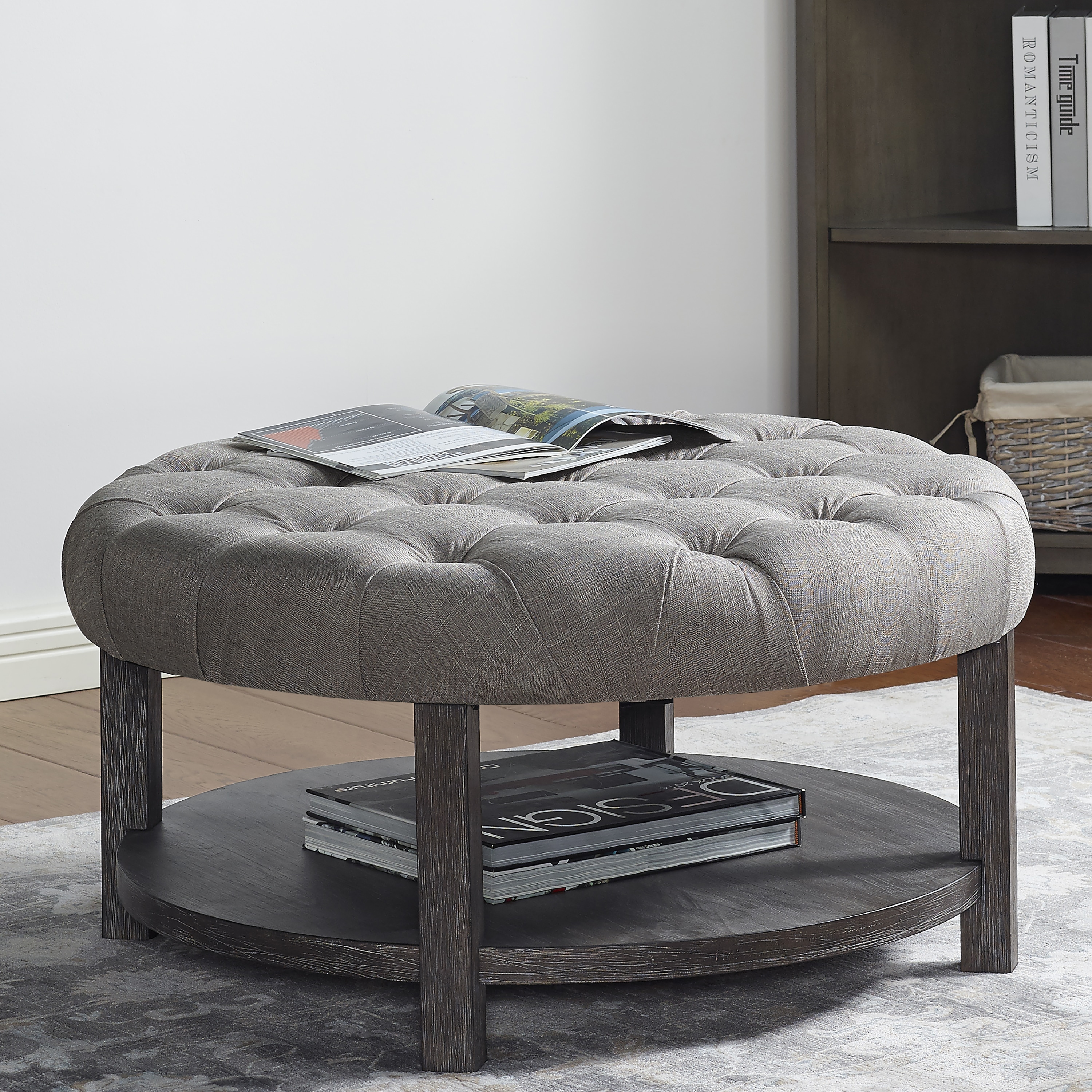 Furniture of America IDF-AC357 Raymundo Casual Gray Round Storage Ottoman