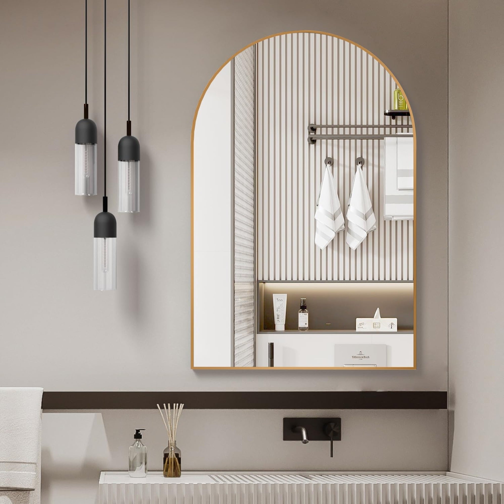 IAK 24 inch x 32 inch Gold Aluminum Alloy Framed Arched Bathroom Mirror with HD Glass and Shatterproof Film