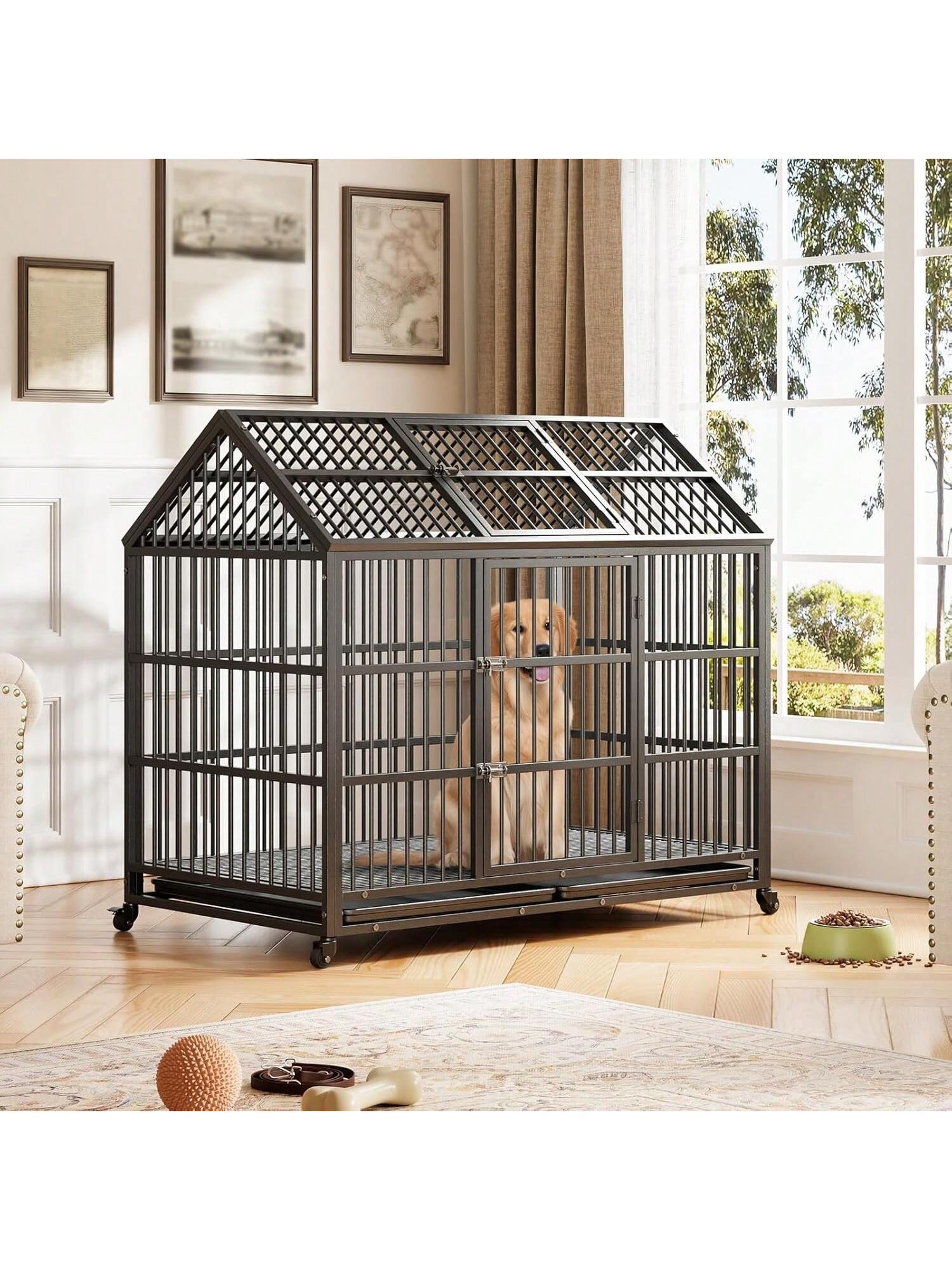 WhizMax Metal Dog Crate 52 Inch Heavy Duty with Divider Double Door Convenience Adjustable Crate Dividers Heavy Duty Metal Construction Large Size with Wheels Removable Tray #GGL-PHO-34XGUVX8