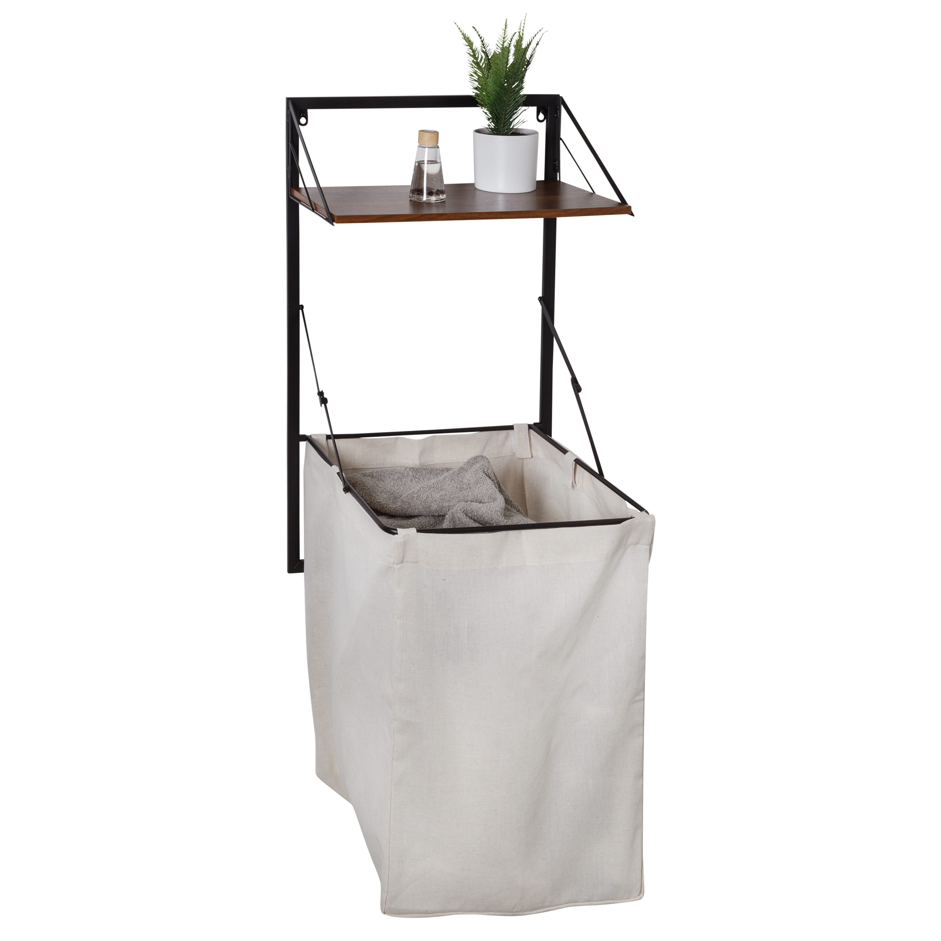 Black and Walnut Collapsible Wall-Mounted Laundry Hamper with Shelf