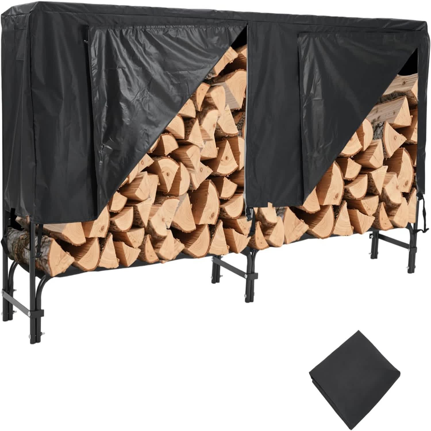 Qeetex LSHQPPG-33KGB6J6 8Ft Firewood Rack Cover Set Heavy Duty Steel Log Holder  Black