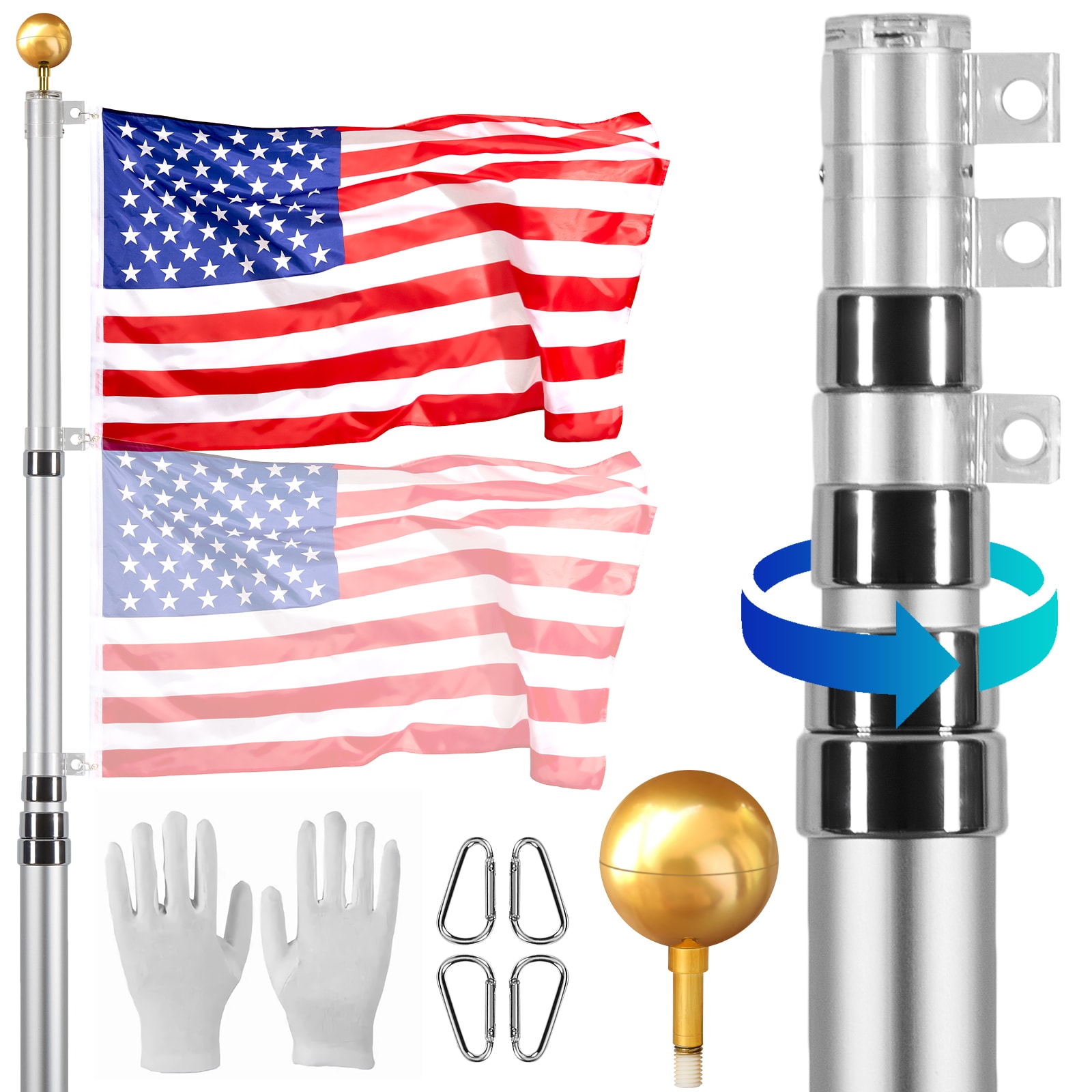 VEVOR SCQGTJSSSYS205112V0 20FT Telescoping Flag pole Kit  Heavy Duty Aluminum Alloy in Ground Flag Poles for Outside  3 Display Modes Flagpole with 3x5 American Flag  Professional Accessories  Silver