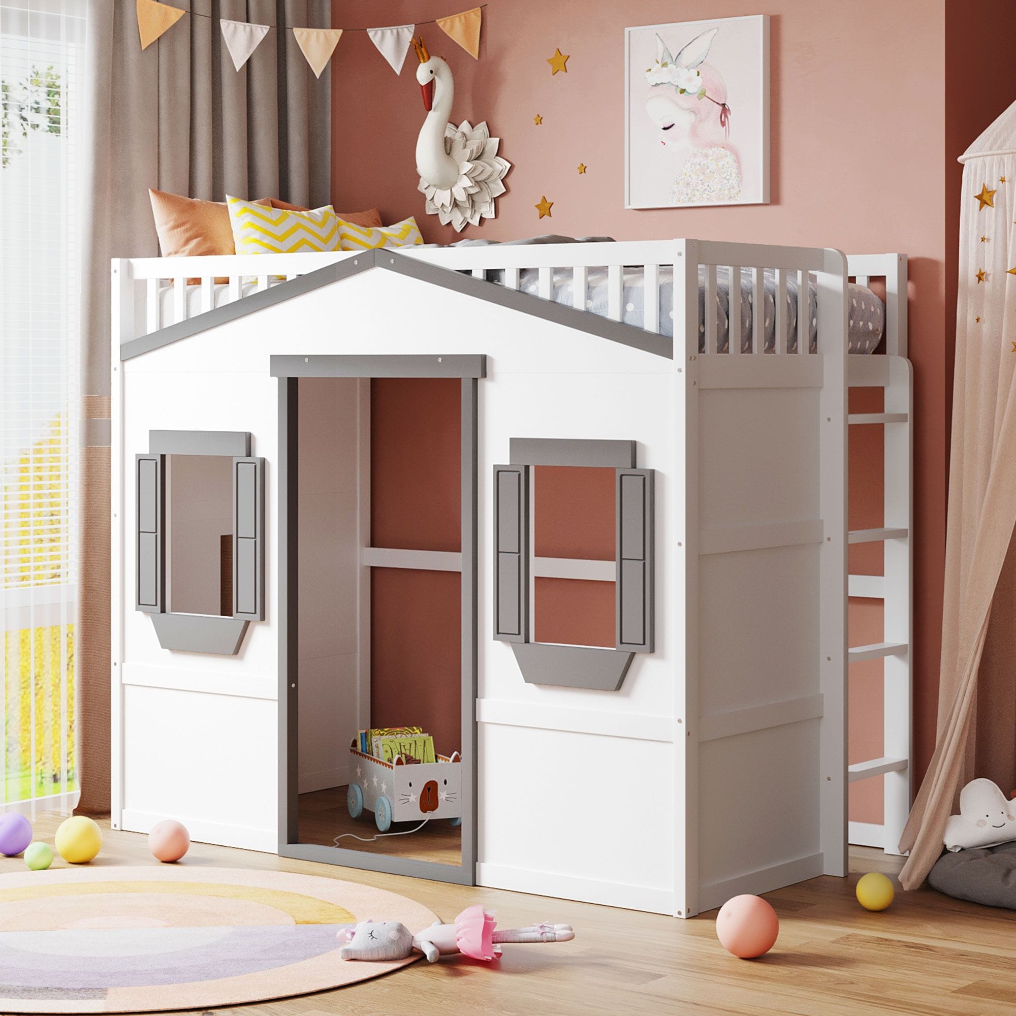 Yiekholo LL-1788AAM White+Gray Twin loft Bunk Bed