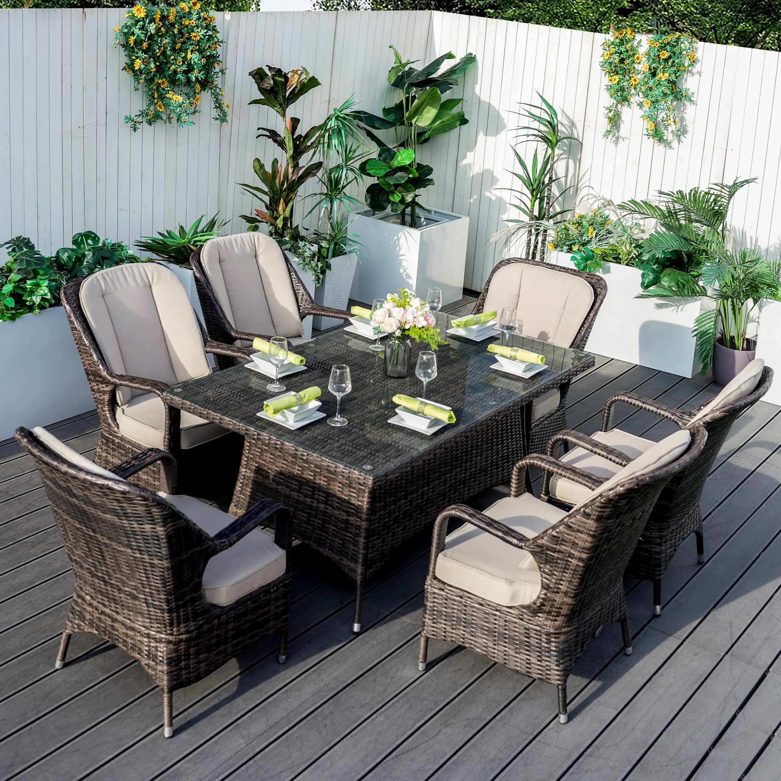 Moda Furnishings MOD-1712-B Dining set of 1712 in brown 7 -Piece Brown Wicker Patio Dining Set Wicker Rectangle Table with 6 Beige Cushions Stationary Chairs