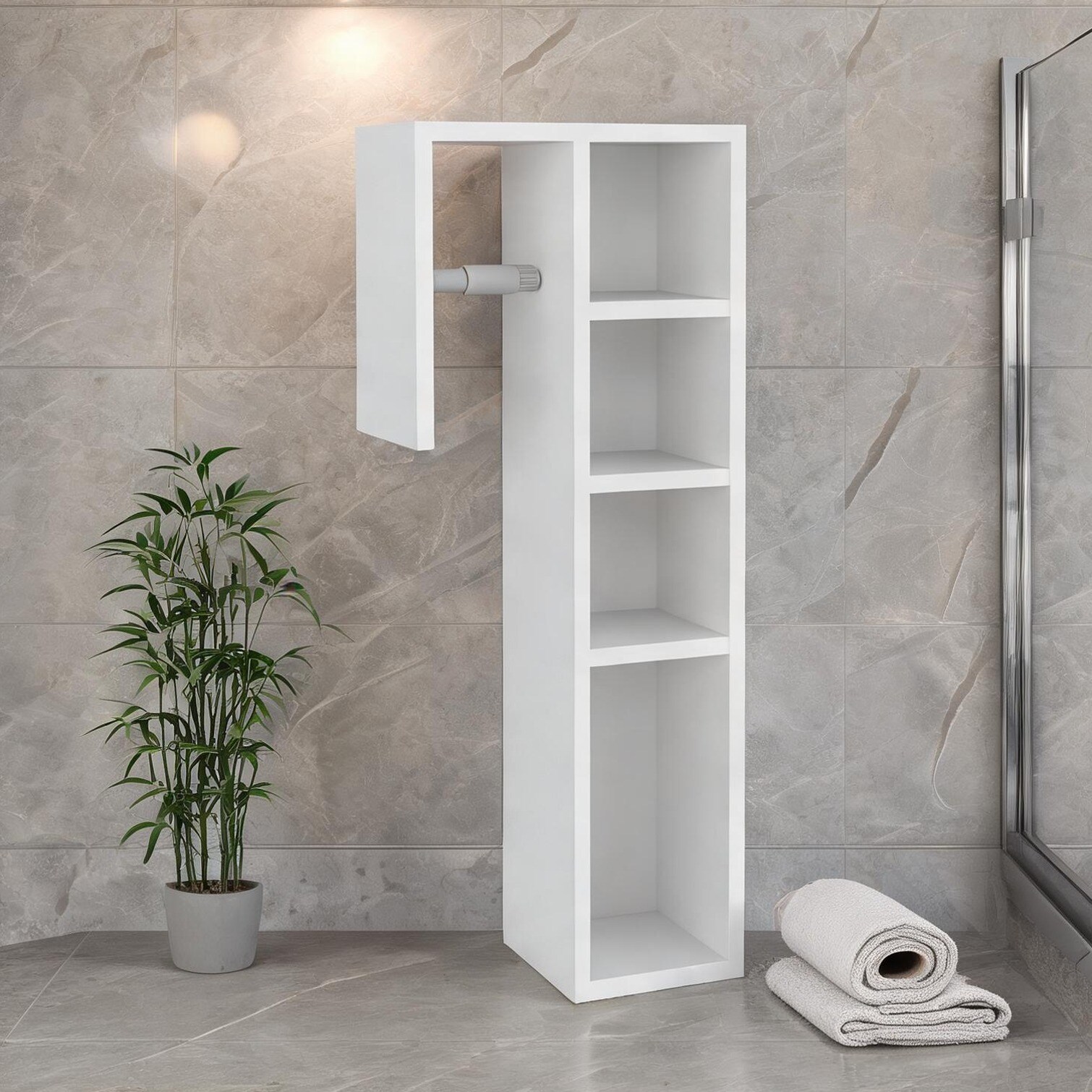 SunJet White-Toned Particle Board Toilet Paper Holder with Three Open Shelves for Bathroom Storage