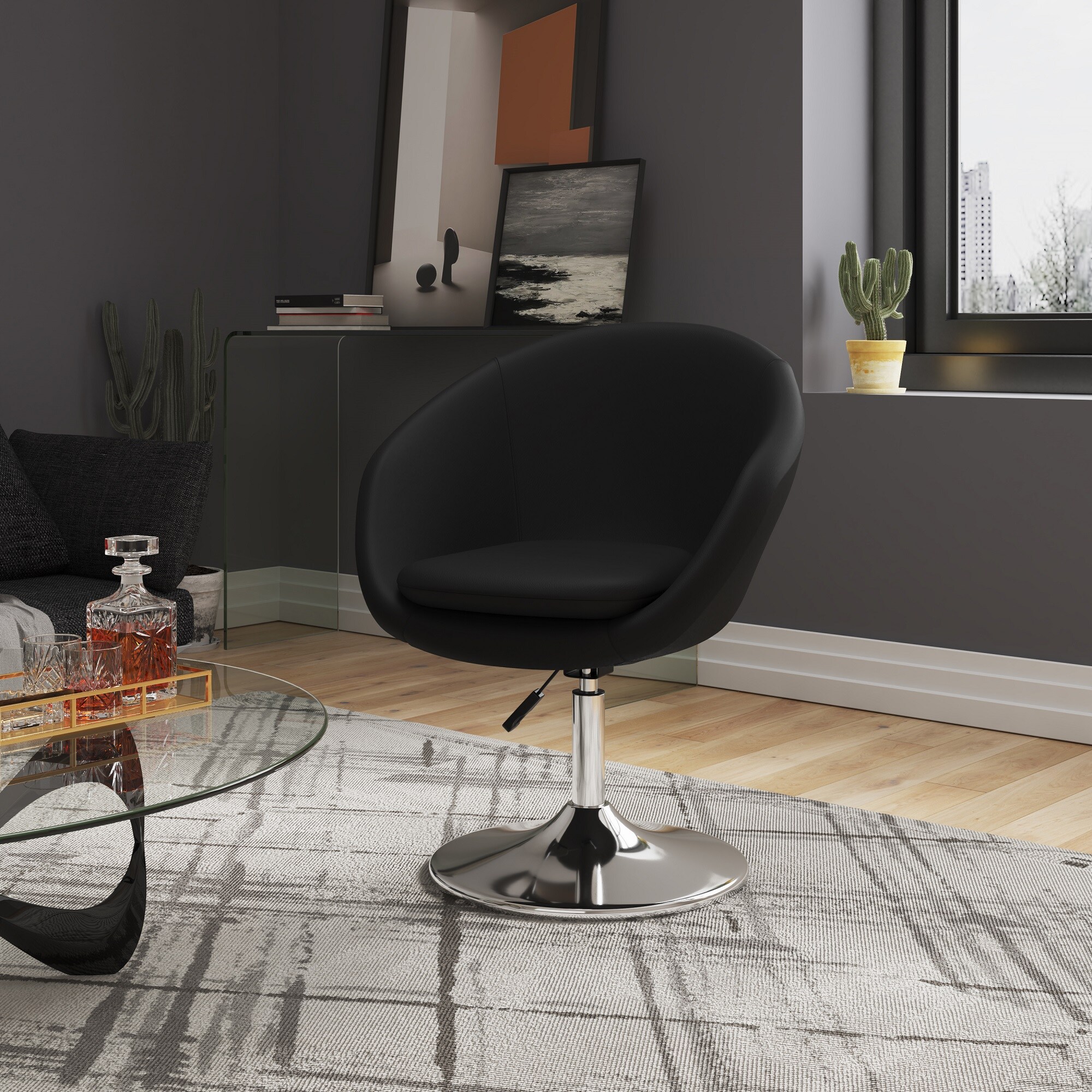 Manhattan Comfort 2-AC036-BK 2 Modern Black and Polished Chrome Faux leather Swivel Accent Chair