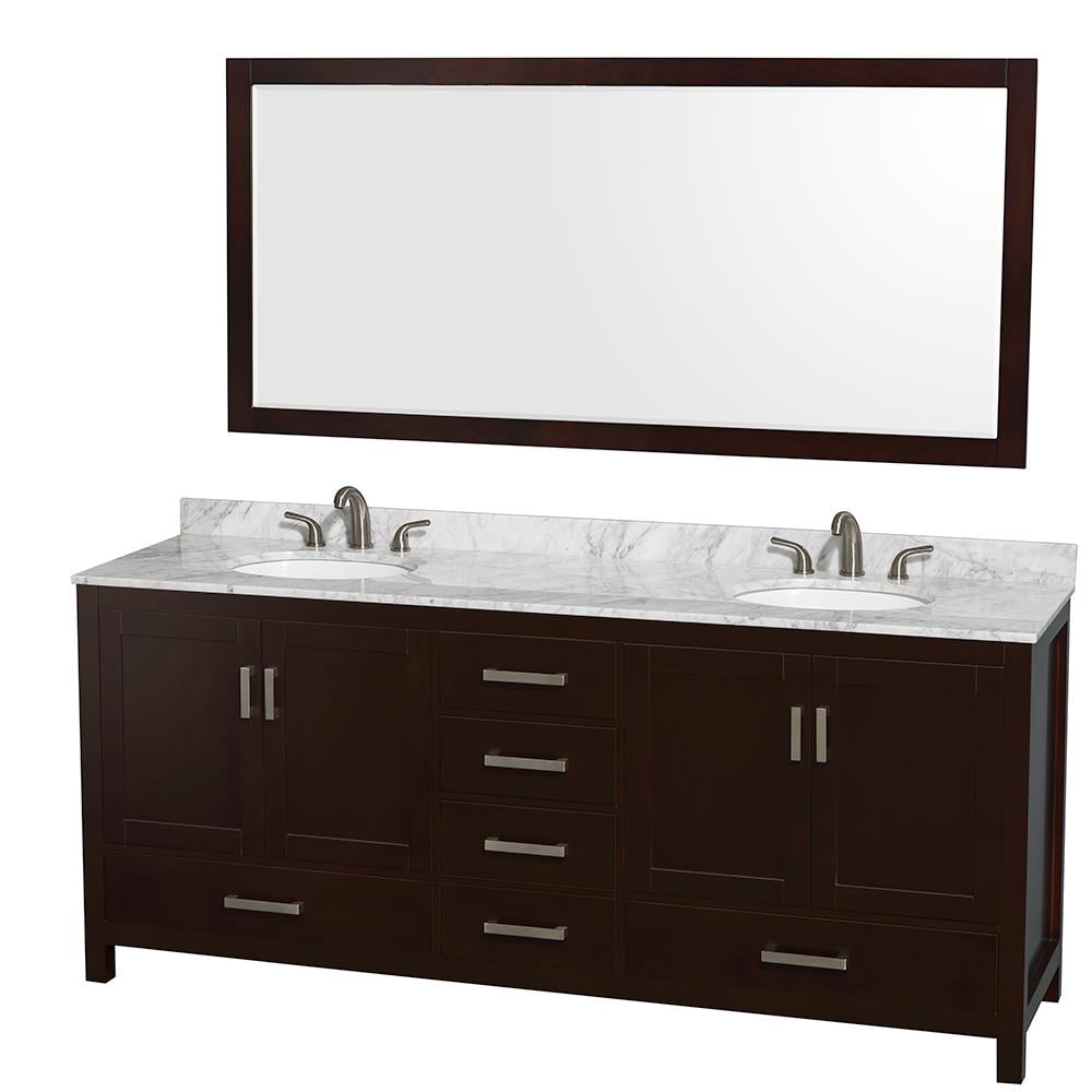 Wyndham Collection WCS141480DESCMUNOM70 Sheffield 80-in Espresso with Brushed Chrome Trim Undermount Double Sink Bathroom Vanity with White Carrera Natural Marble Top (Mirror Included)