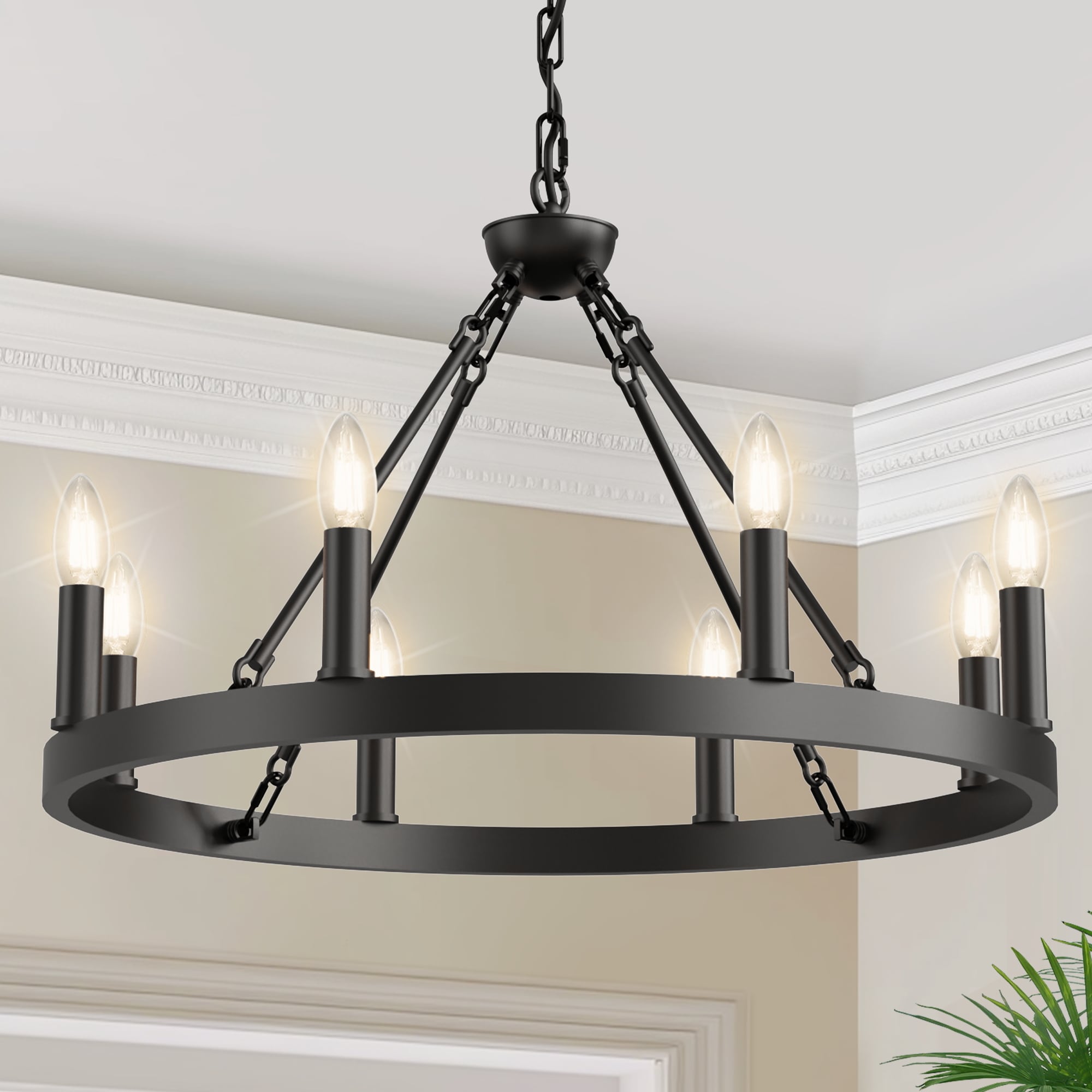 DORESshop 57-in 8-Light Modern Black Ring Chandelier Adjustable Chain for Sloped/Arched/Flat Ceiling for High Ceiling Living Room or Entryway  E12 Base (Bulbs Not Included)