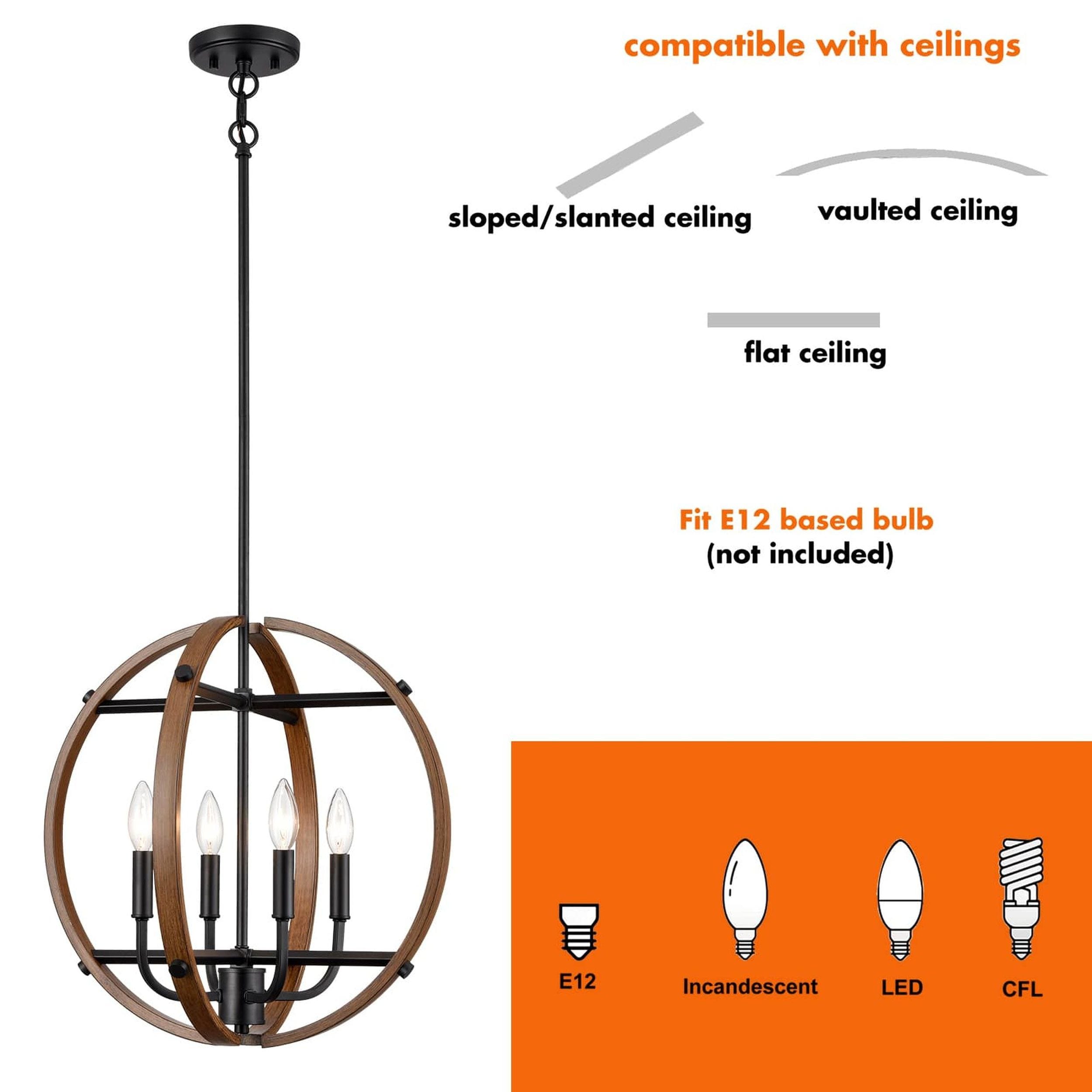 Rustic Black and Wood Grain Globe Pendant Light with Candle Bulbs