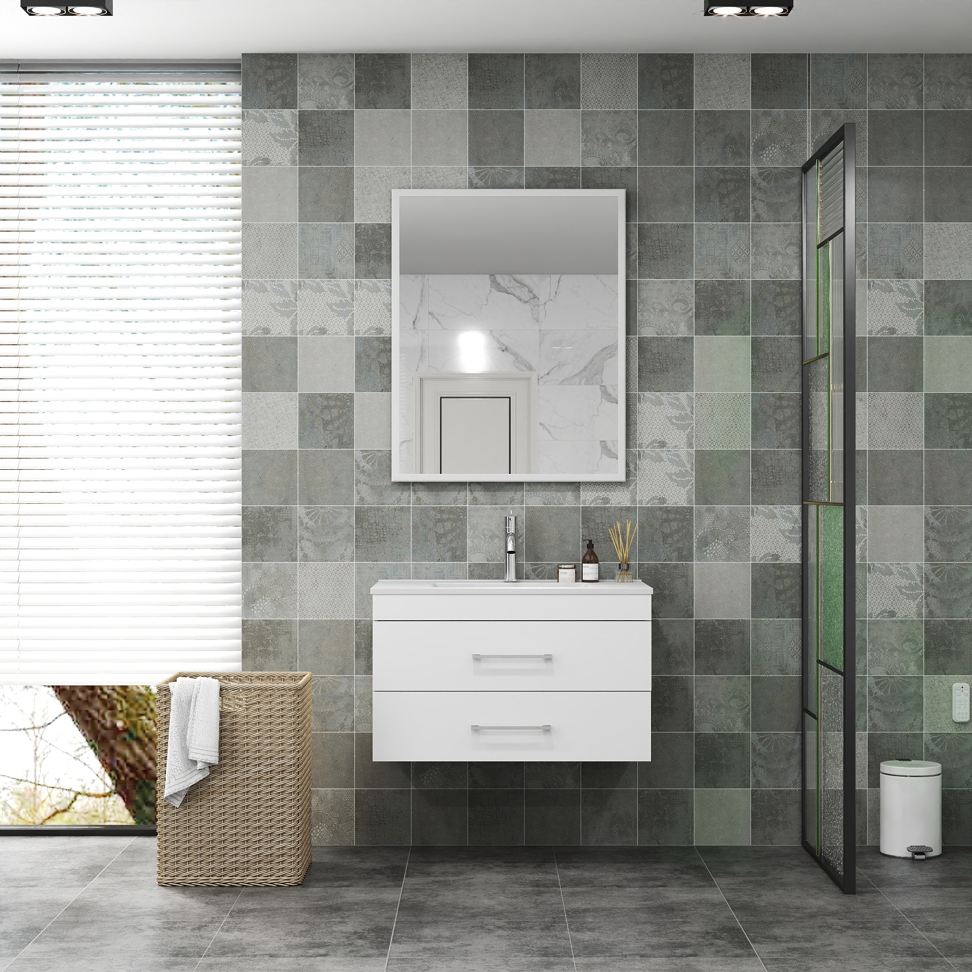 GDFStudio Norvale 32 in. Modern and Minimalist Wall-Mounted Floating Bathroom Vanity with Ceramic Sink Aluminum Frame and Soft-Close Double Drawers - Glossy White