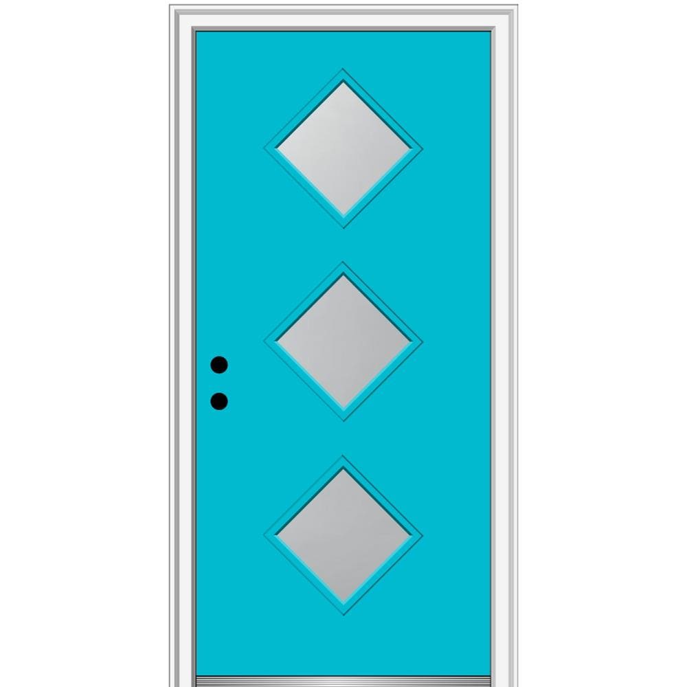 MMI DOOR ZZ347564R Spotlights 30-in x 80-in x 4-9/16-in Fiberglass Pulse lite Right-hand inswing Bahama Blue Painted Prehung Front Door with Brickmould Insulating core