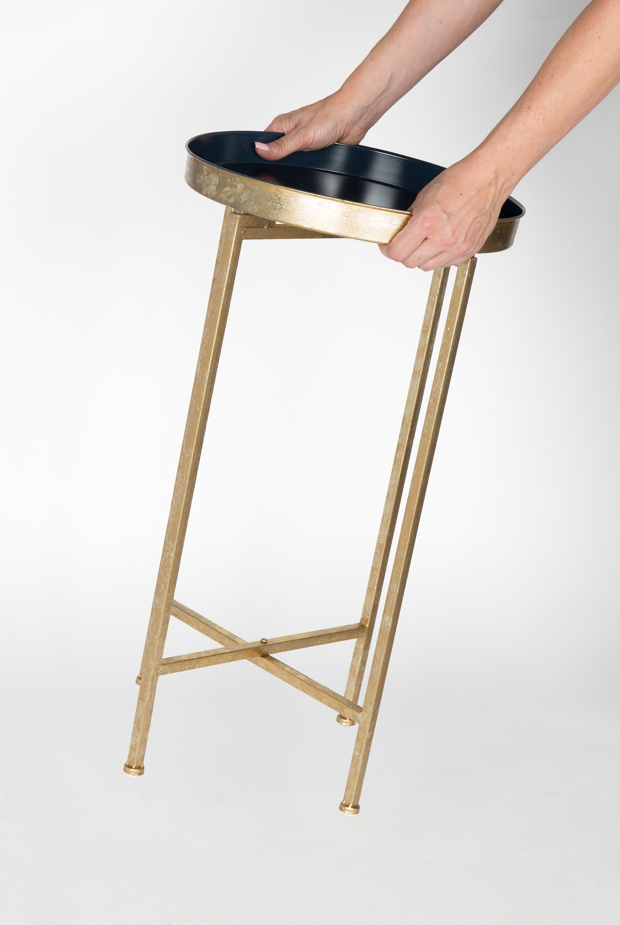 Celia Navy Blue Round Metal Foldable Tray Accent Table