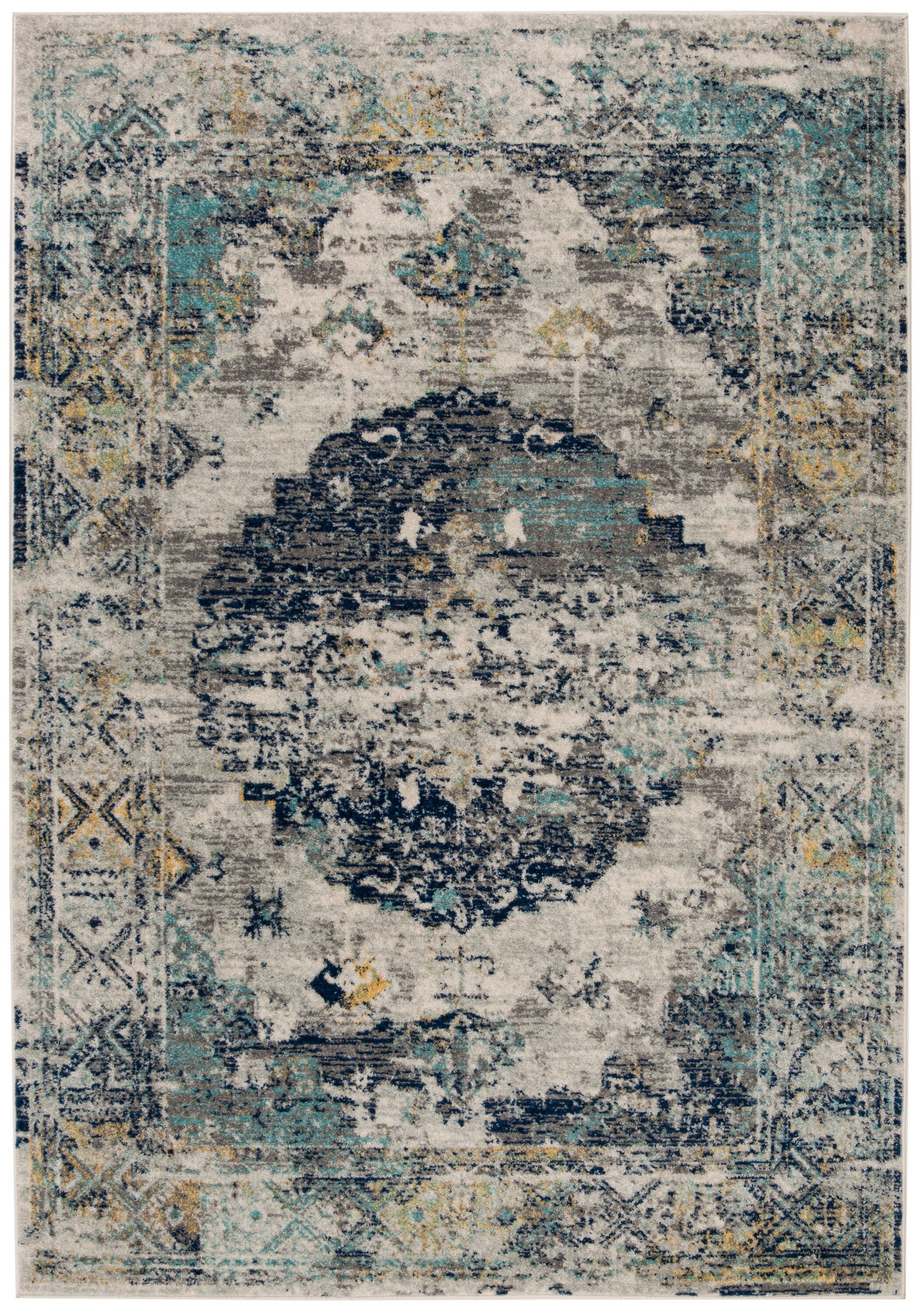 Light Grey and Blue Floral Motif Medium Pile Runner Rug