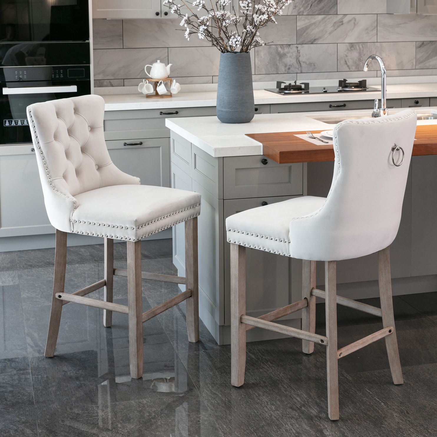 Hrinhom HC-W8001-BEIGE Beige 26.3-in H Tall Square seat Upholstered Wood Bar Stool and Back