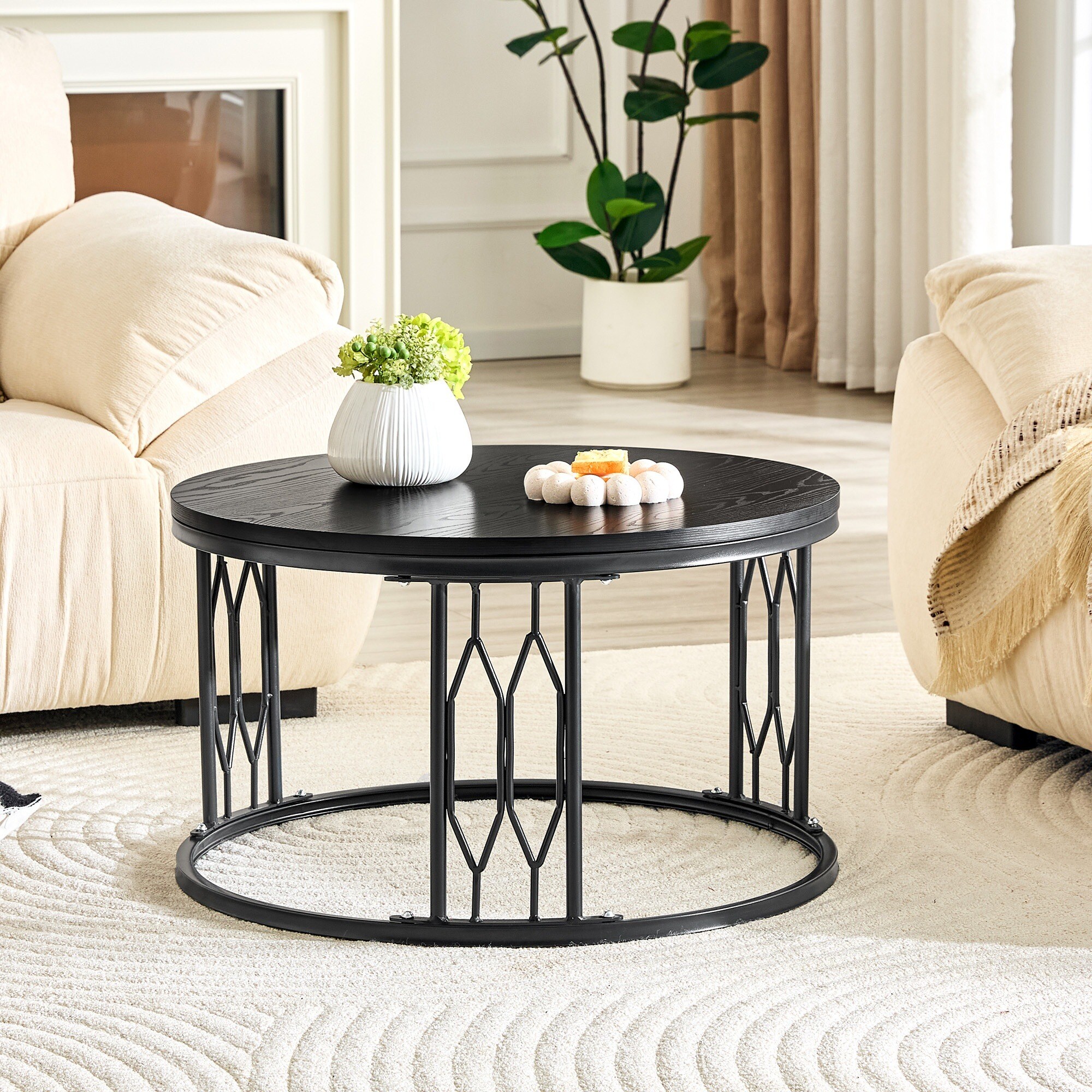 Horizons Prime - 28 inch Black MDF Round Coffee Table with Embossed Wood Grain and Sturdy Metal F...