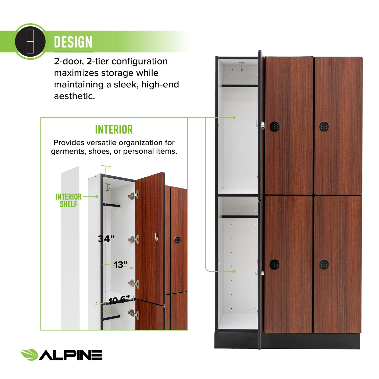 Alpine Industries 36-in W x 72-in H x 15-in D Walnut 6-Door 2-Tier