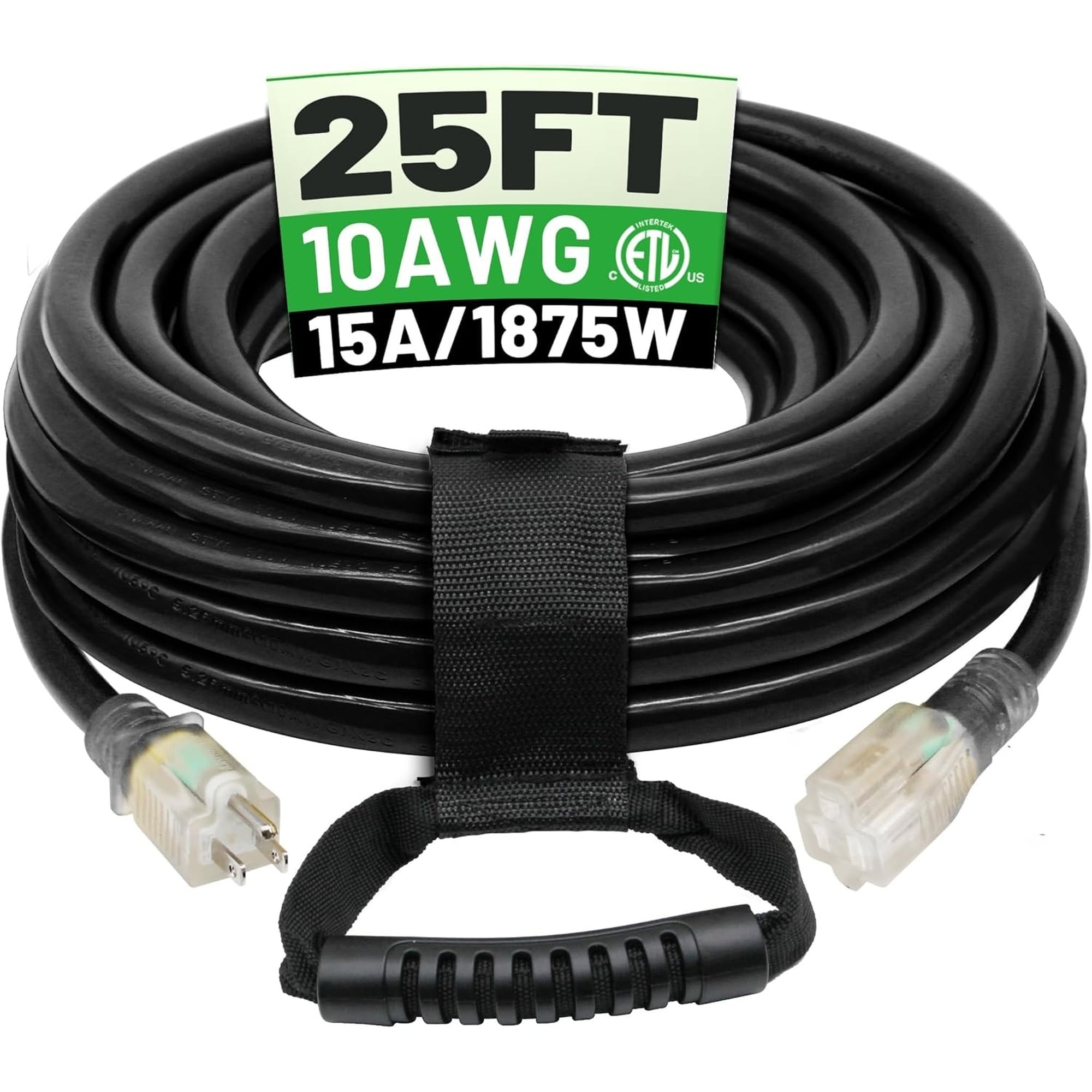 Angel Sar 25FT 10 AWG Heavy Duty Black Outdoor Extension Cord Waterproof Flexible Cold Resistant 3 Prong Power Cable with Lighted Indicator End SJTW 15A 1875W ETL Listed for Indoor and Outdoor Use