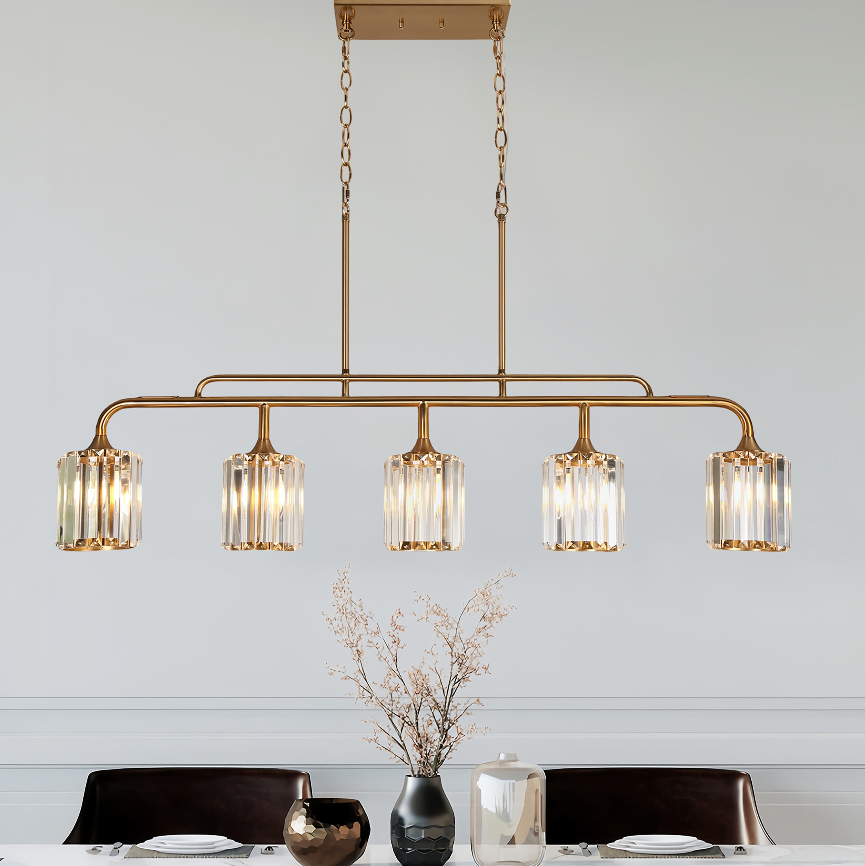 Oversized Brass and Crystal 47" Linear Island Chandelier
